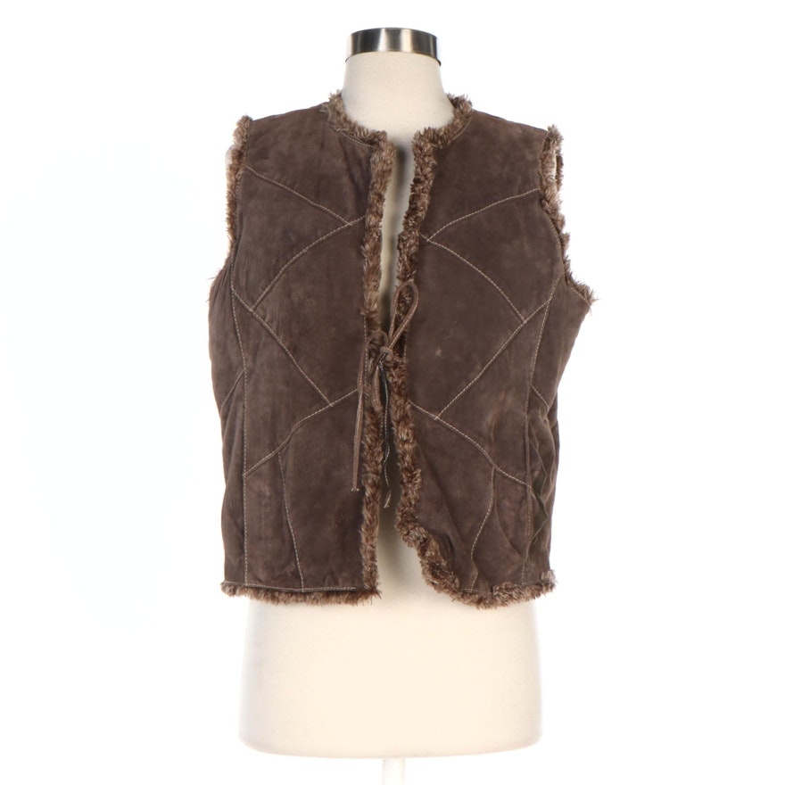 Wilsons Leather Maxima Brown Reversible Suede and Faux Fur Tie Front Vest