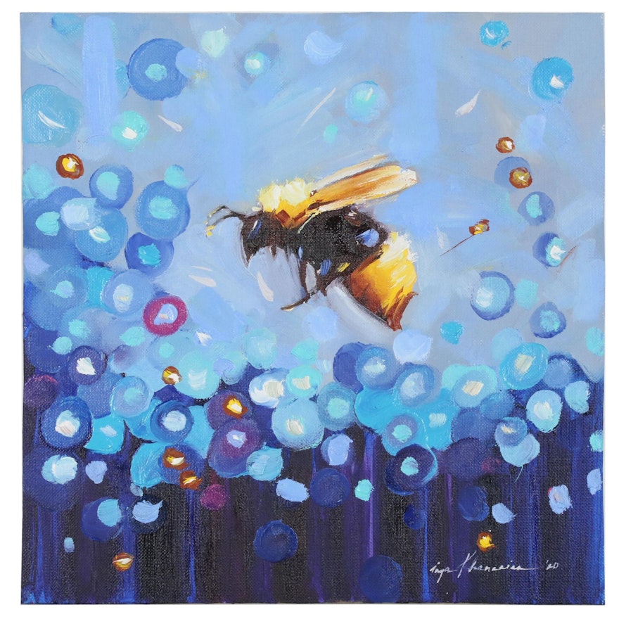 Inga Khanarina Oil Painting of Bee with Abstract Flowers