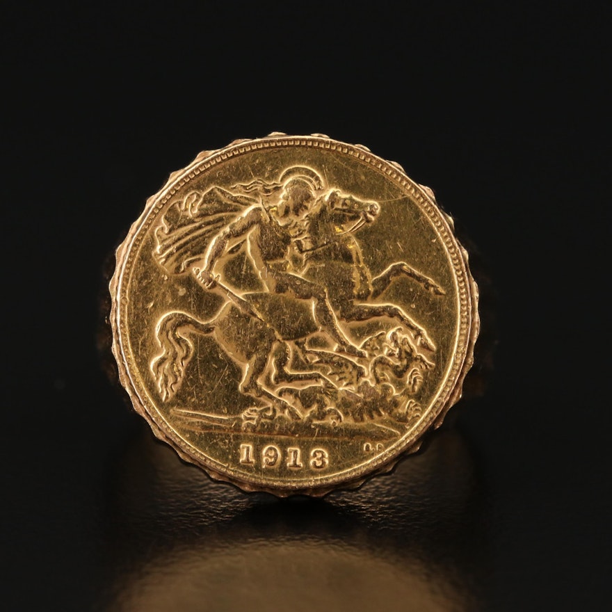 18K Fluted Ring with 1913 British Gold Half-Sovereign Coin