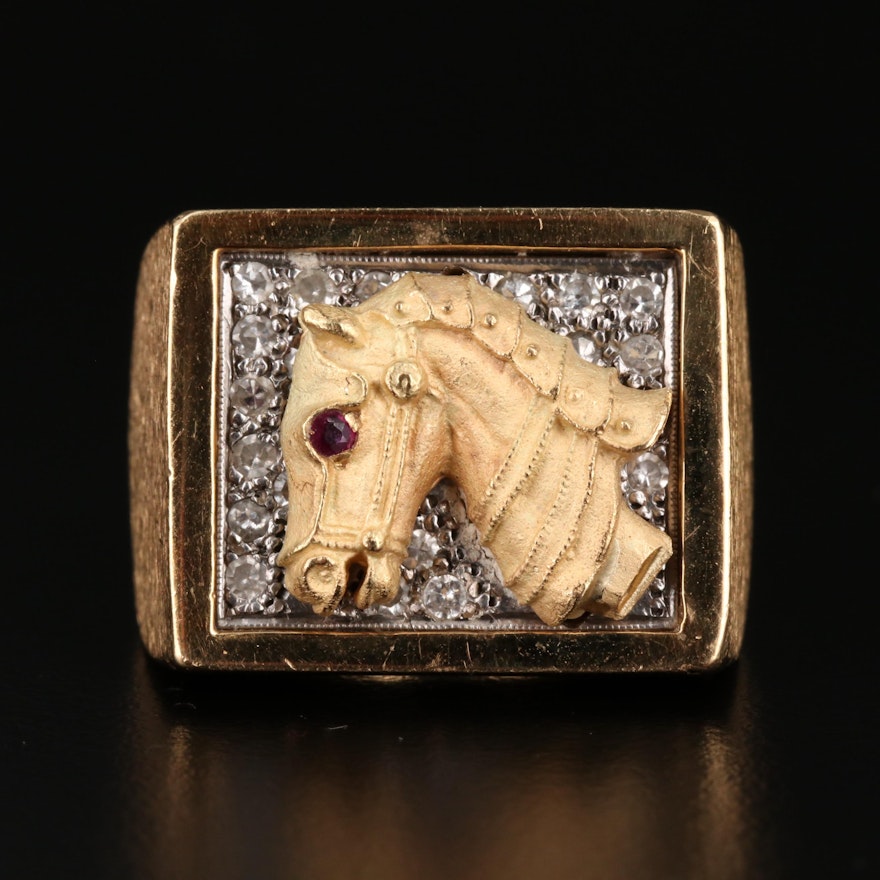 18K Ruby and Diamond Equestrian Themed Ring