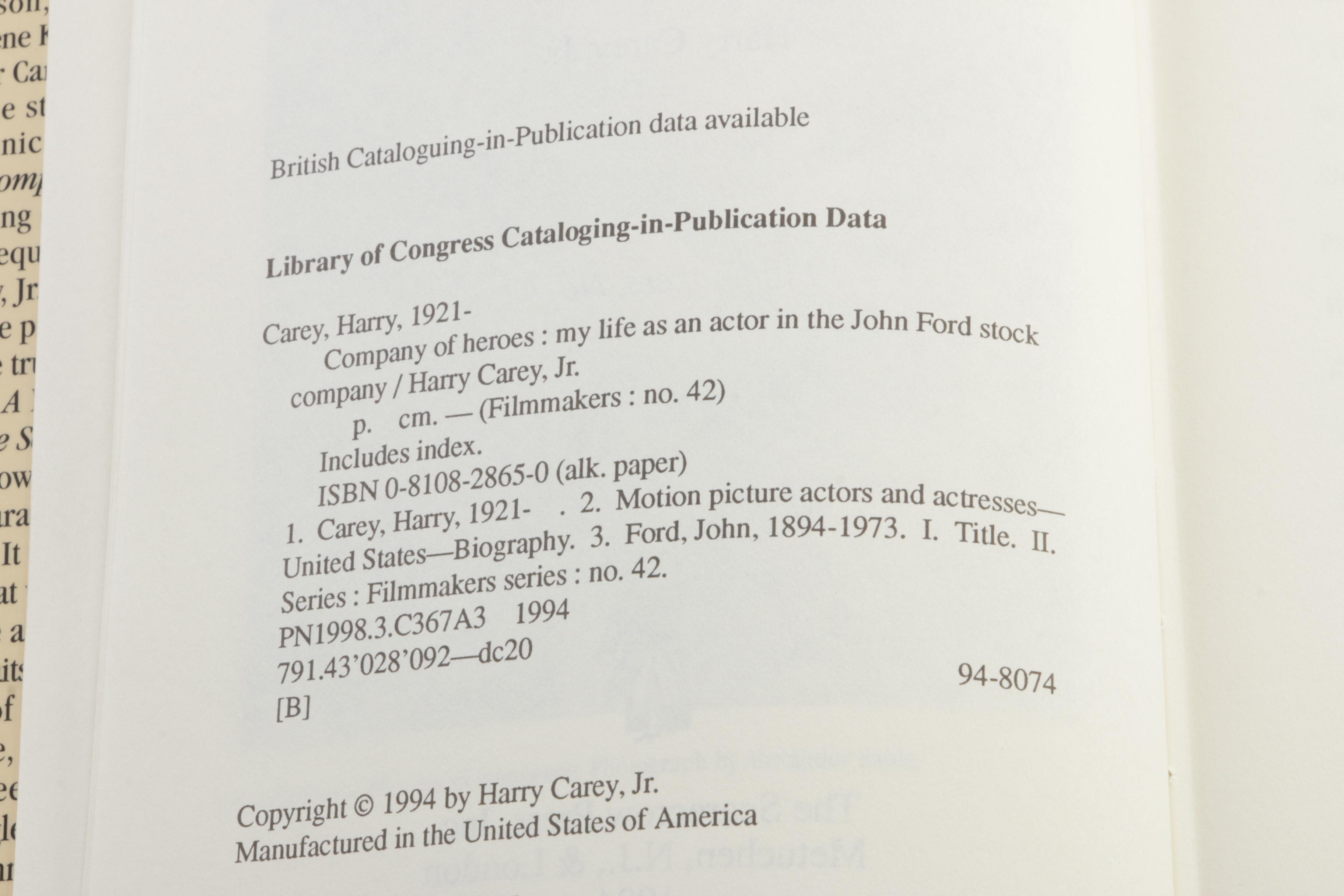 Harry Carey, Jr. Signed "Company of Heroes", First Edition