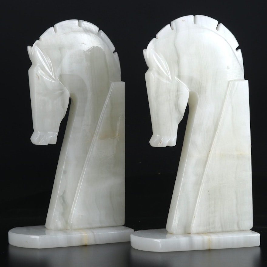 Pair of Carved Agate Horse Head Bookends