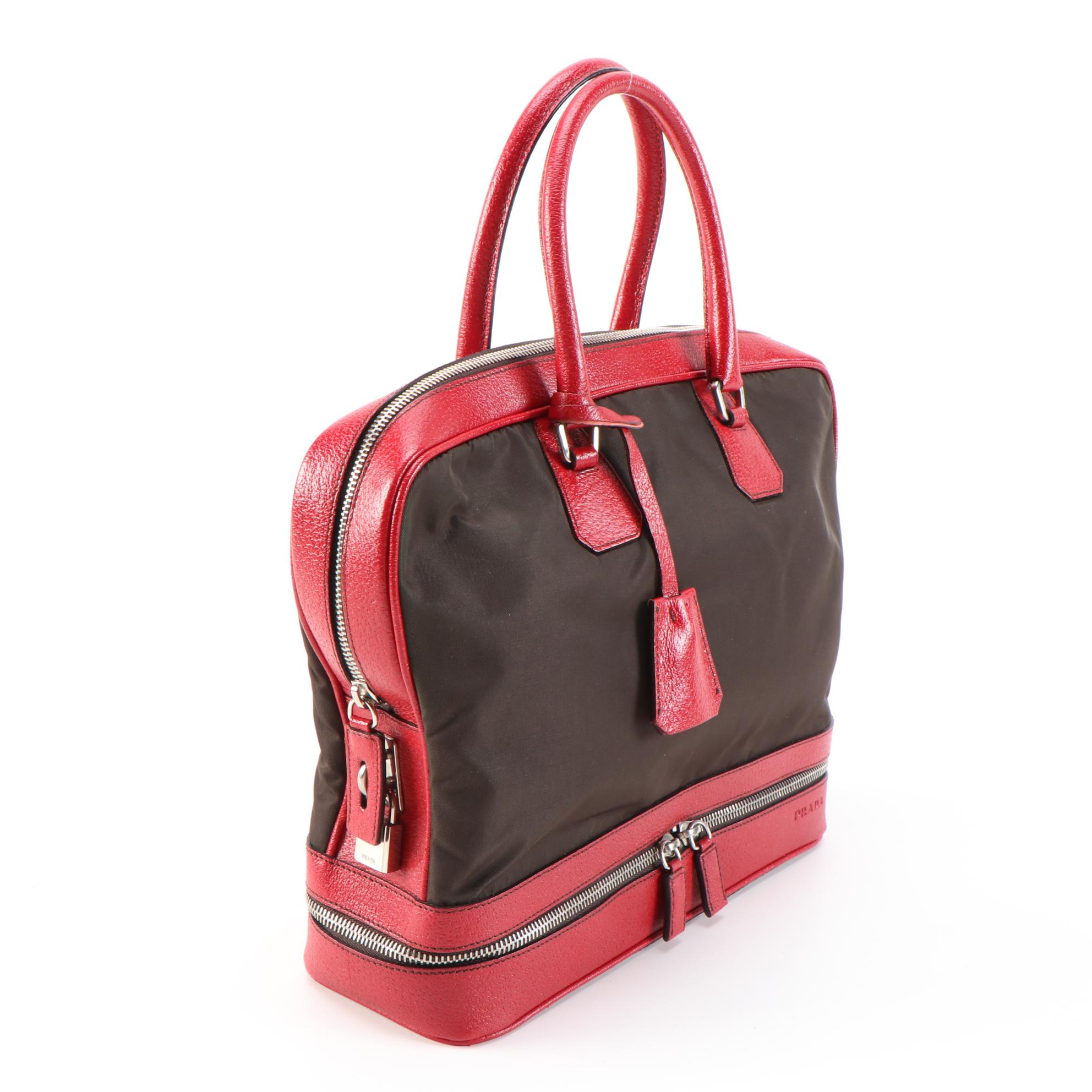 Prada Borsa a Mano Red Leather and Dark Brown Nylon Handbag