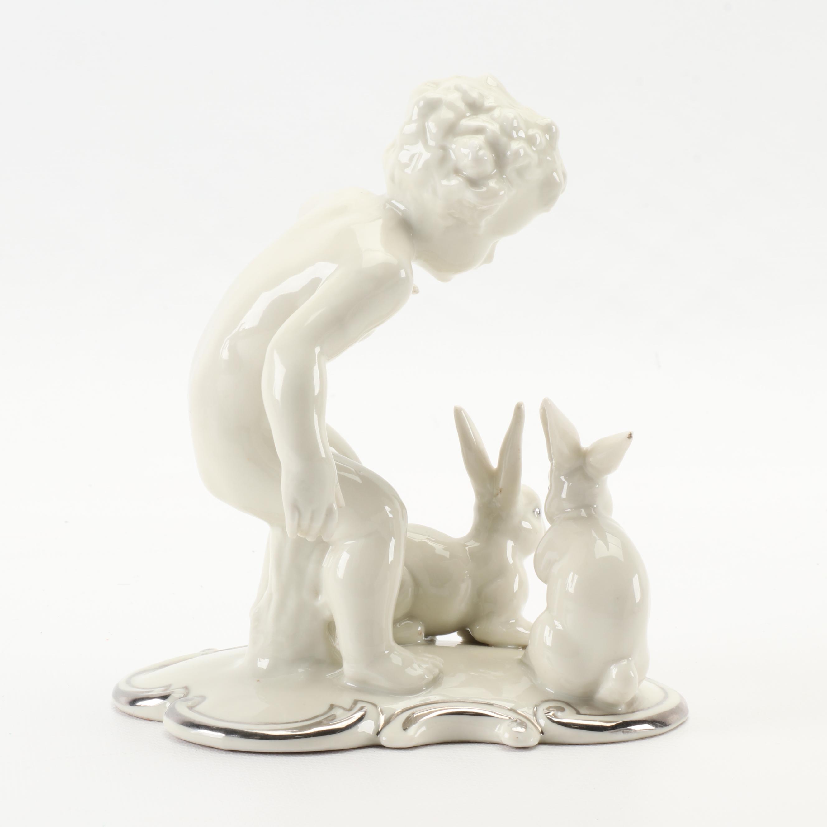 Schaubach Kunst "Boy with Rabbits" Porcelain Figurine, 1926–1953