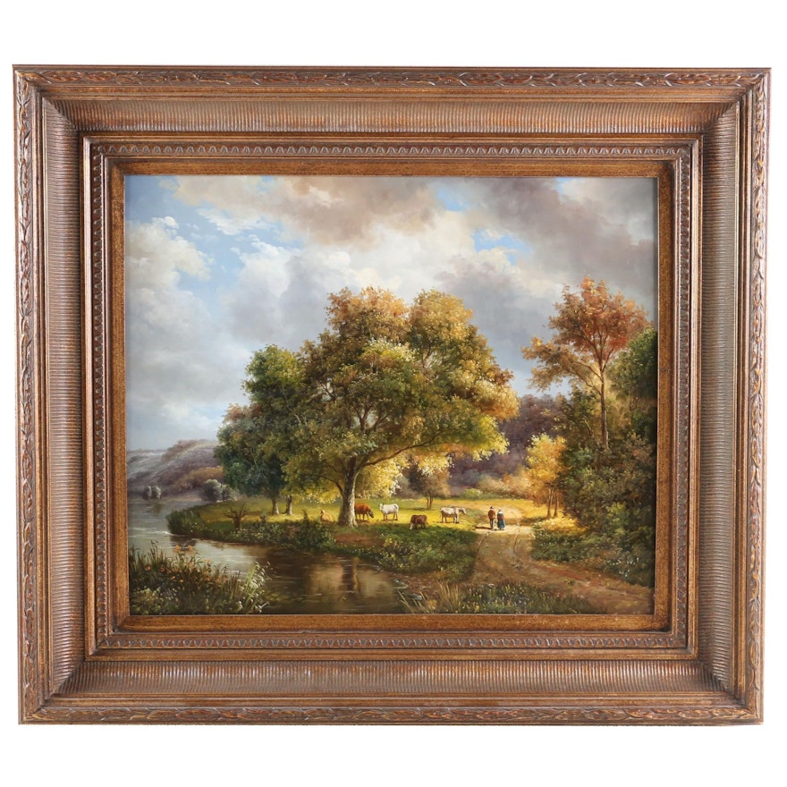 Pastoral Creekside Scene with Livestock Oil Painting