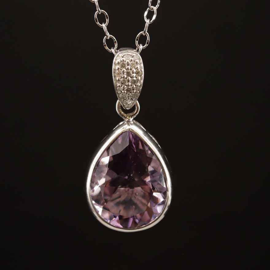 Sterling Silver Amethyst and Diamond Pendent Necklace