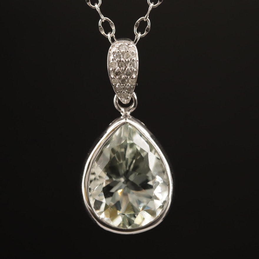 Sterling Silver Prasiolite and Diamond Pendant Necklace