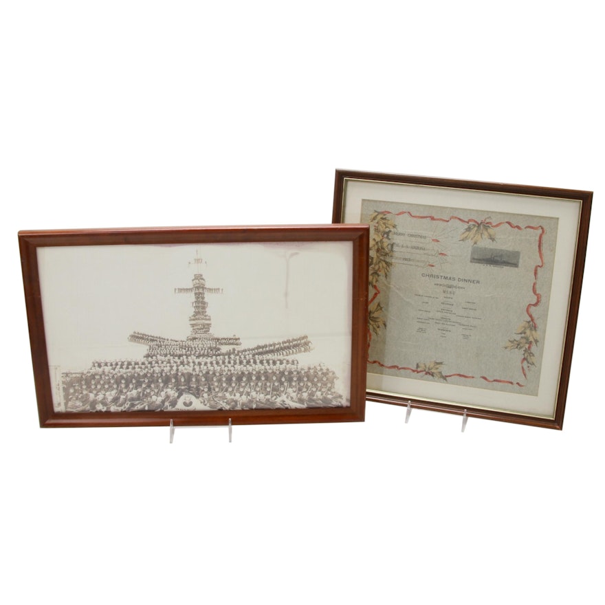 USS Arizona 1917 Christmas Menu and 1918 Full Crew Photograph, Framed