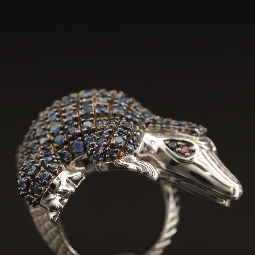 Sterling Sapphire and Ruby Pangolin Motif Ring