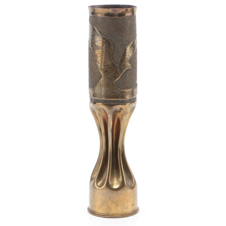 Trench Art Brass 75m Shell Casing Vase, World War I Era