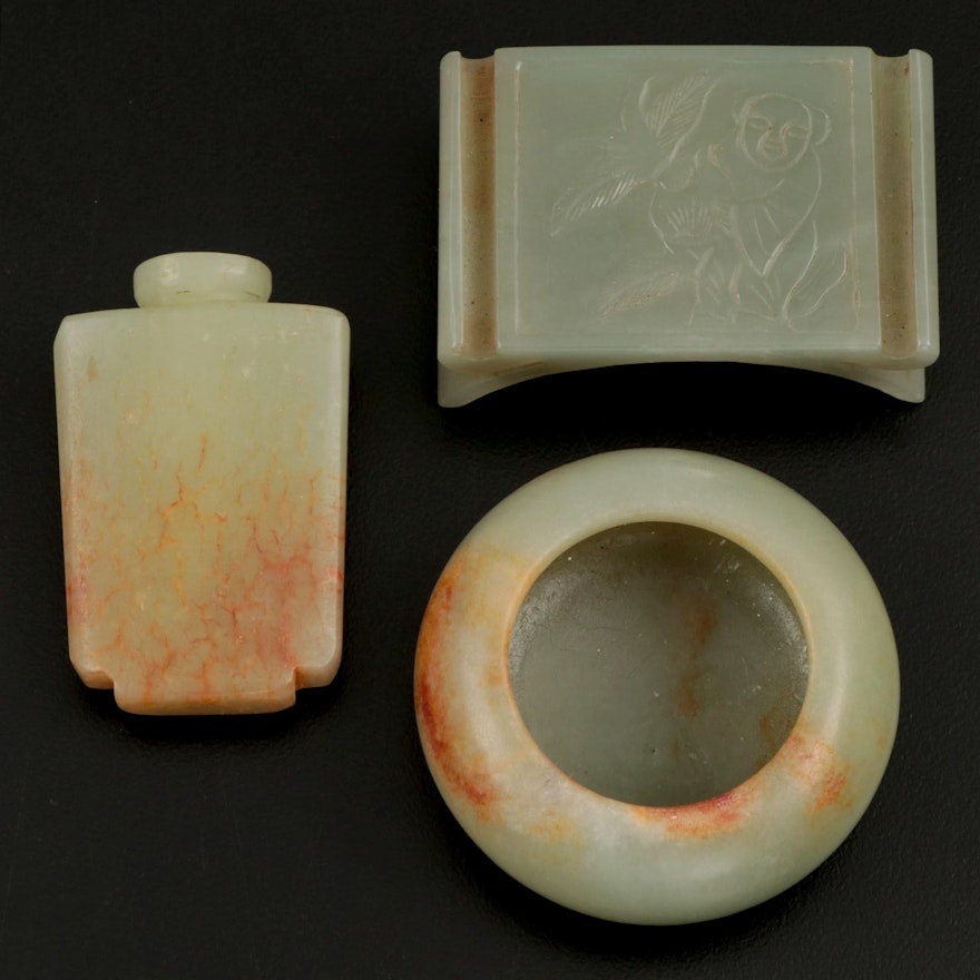 Chinese Nephrite Snuff Bottle, Brush Washer, and Stand