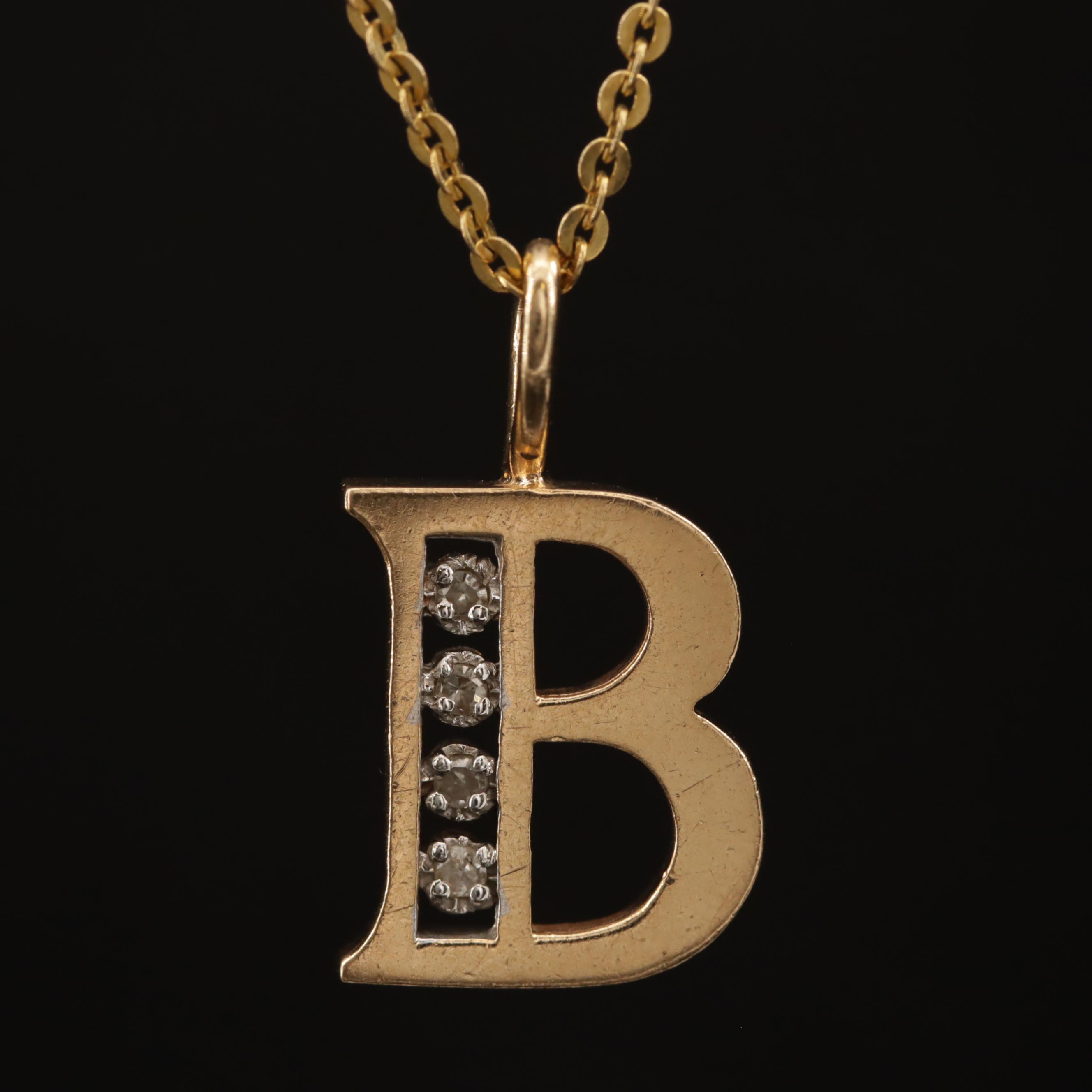 14K Diamond "B" Pendant Necklace
