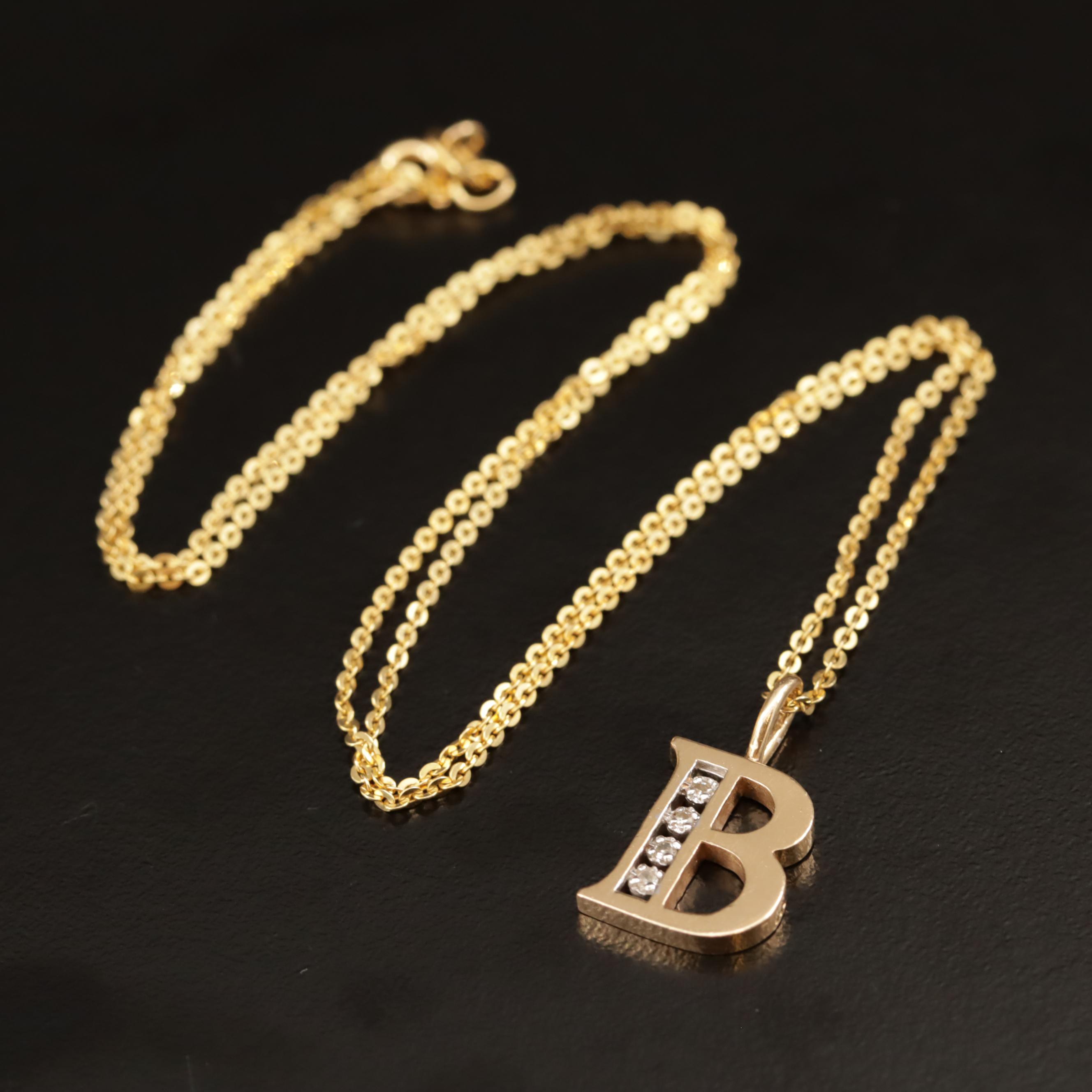 14K Diamond "B" Pendant Necklace