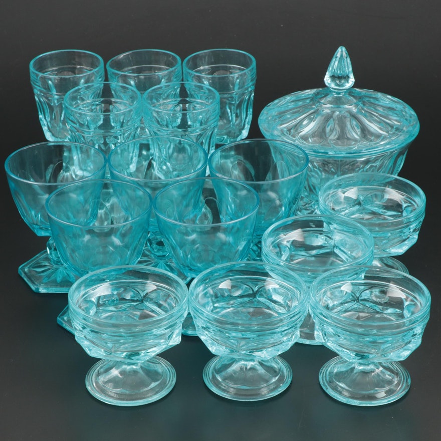 Fostoria "Virginia" Light Blue Pressed Glass Drinkware and Lidded Bowl