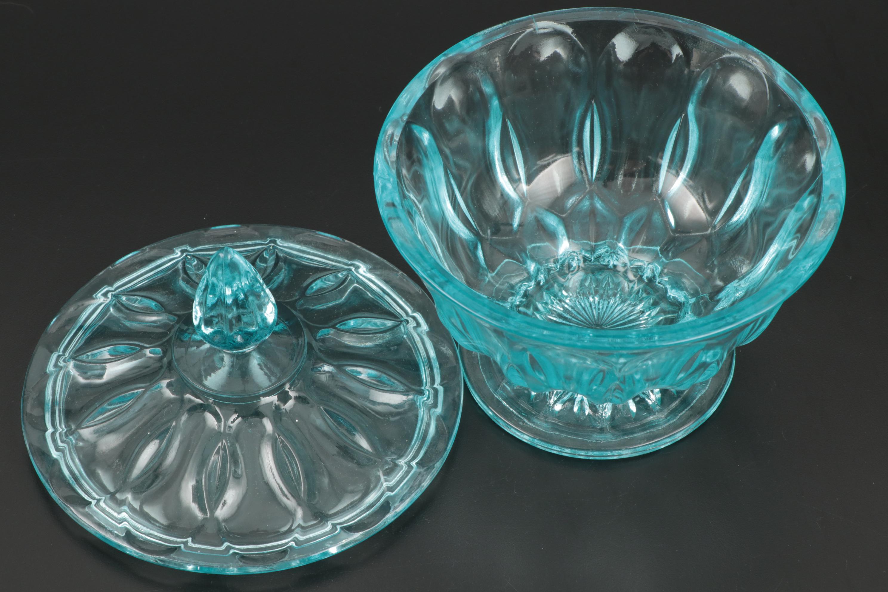 Fostoria "Virginia" Light Blue Pressed Glass Drinkware and Lidded Bowl