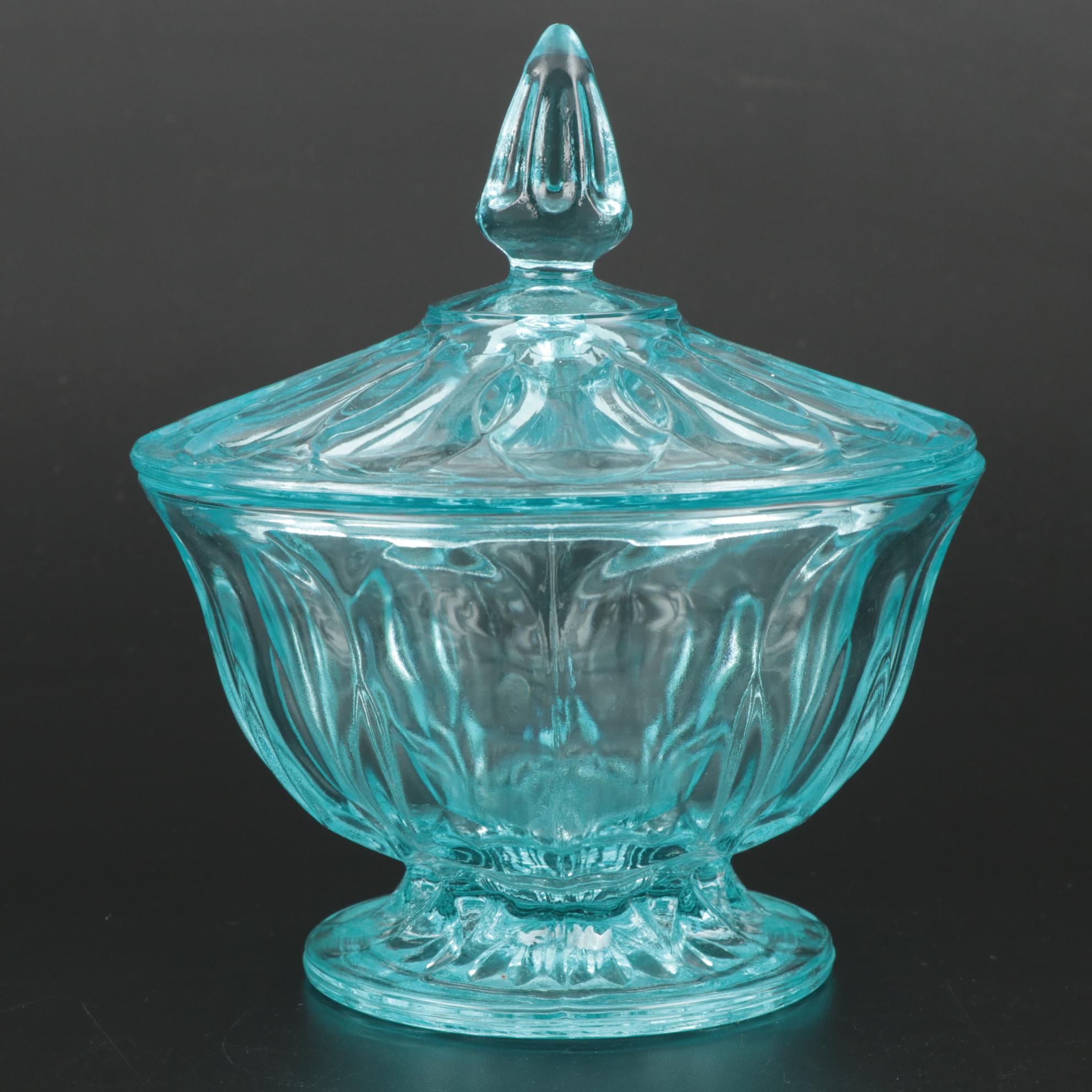 Fostoria "Virginia" Light Blue Pressed Glass Drinkware and Lidded Bowl