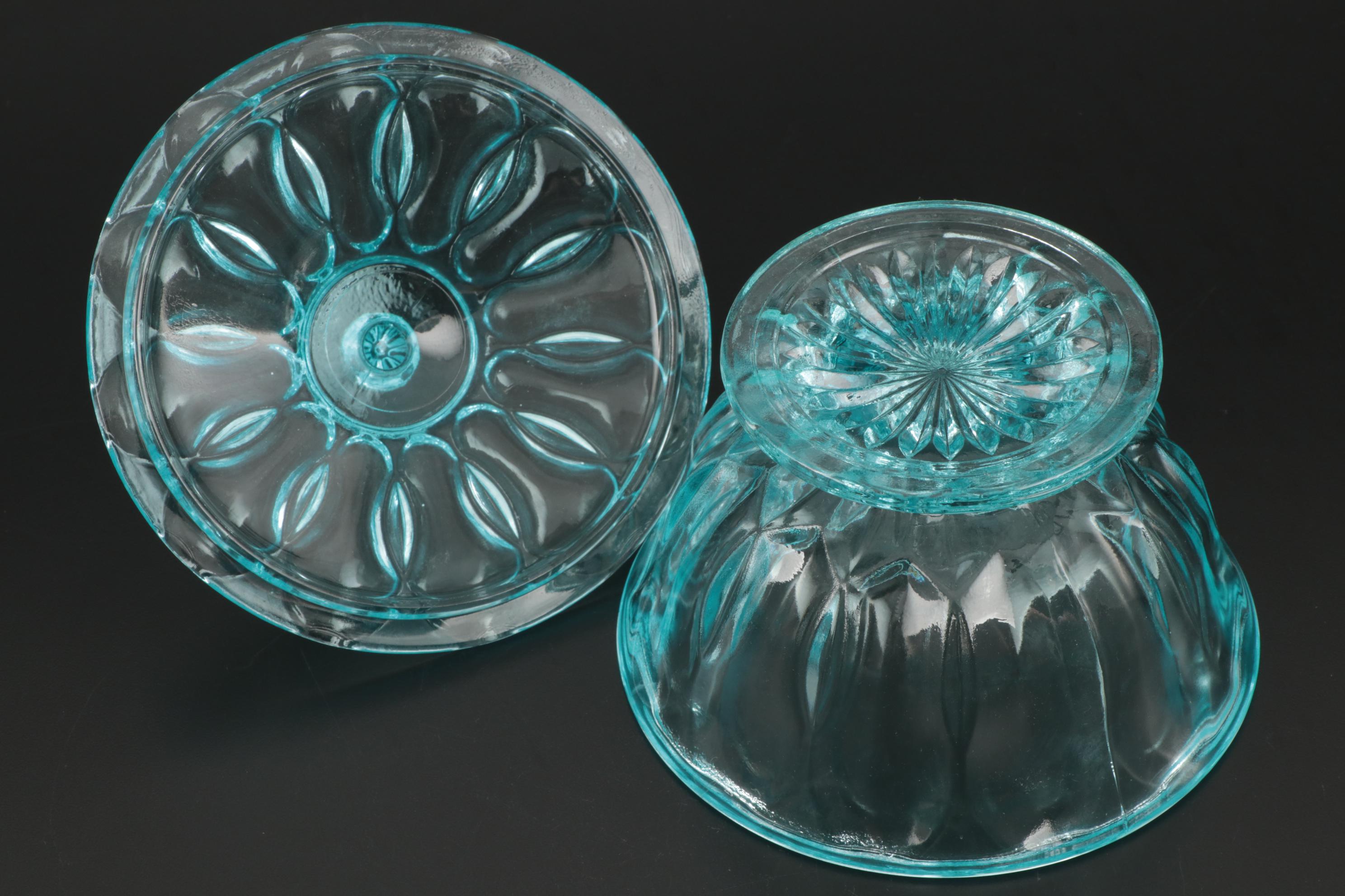 Fostoria "Virginia" Light Blue Pressed Glass Drinkware and Lidded Bowl