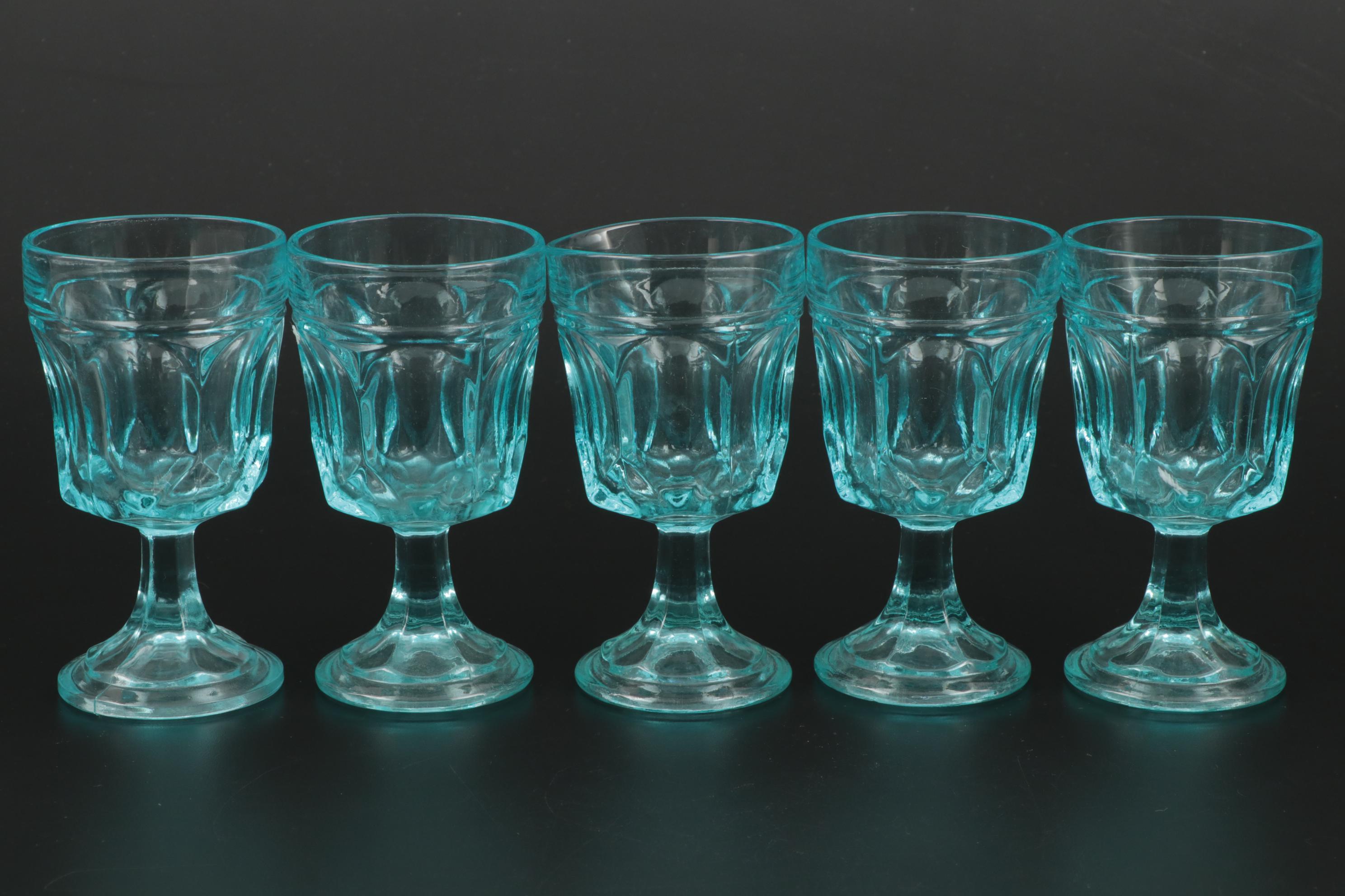 Fostoria "Virginia" Light Blue Pressed Glass Drinkware and Lidded Bowl