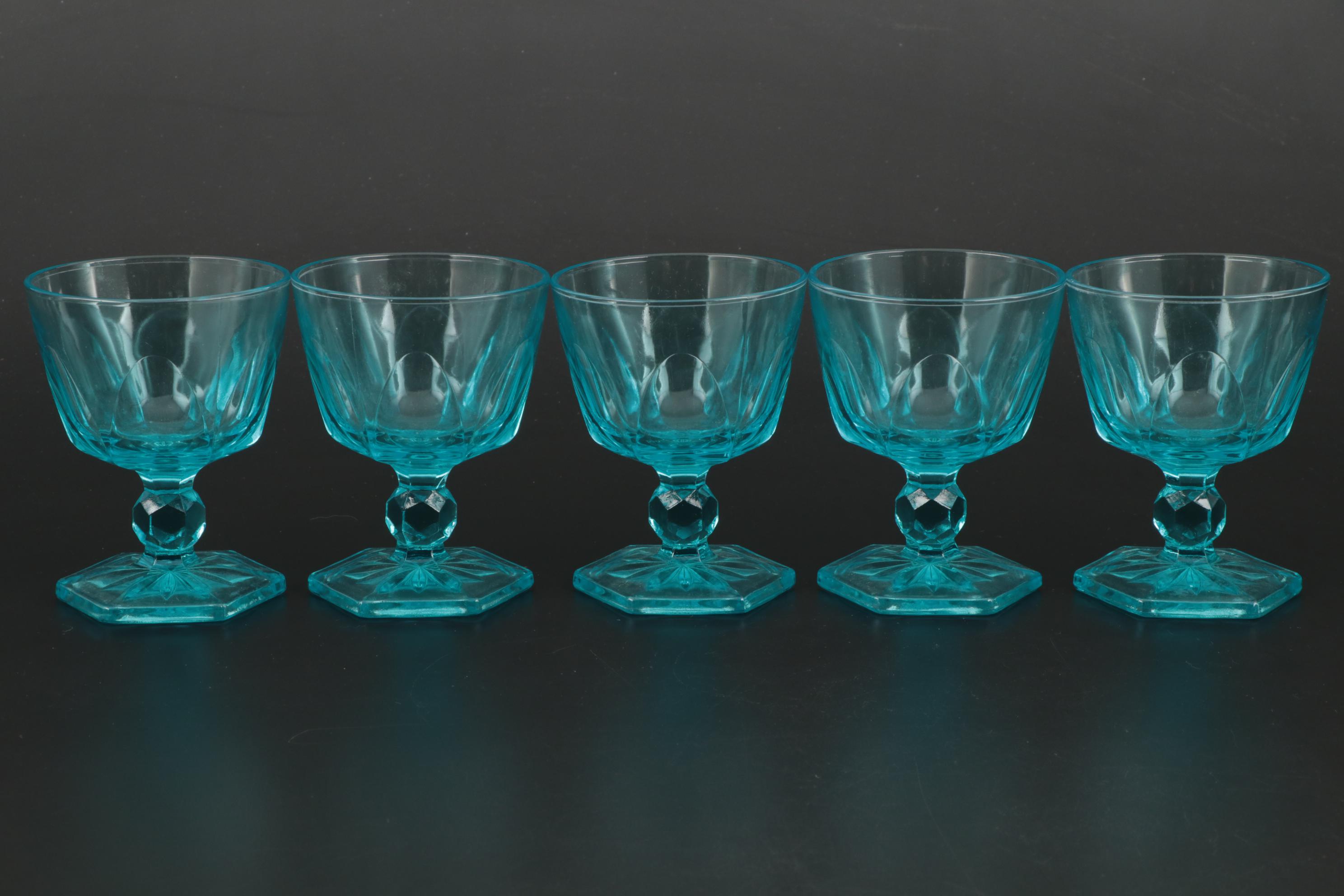 Fostoria "Virginia" Light Blue Pressed Glass Drinkware and Lidded Bowl