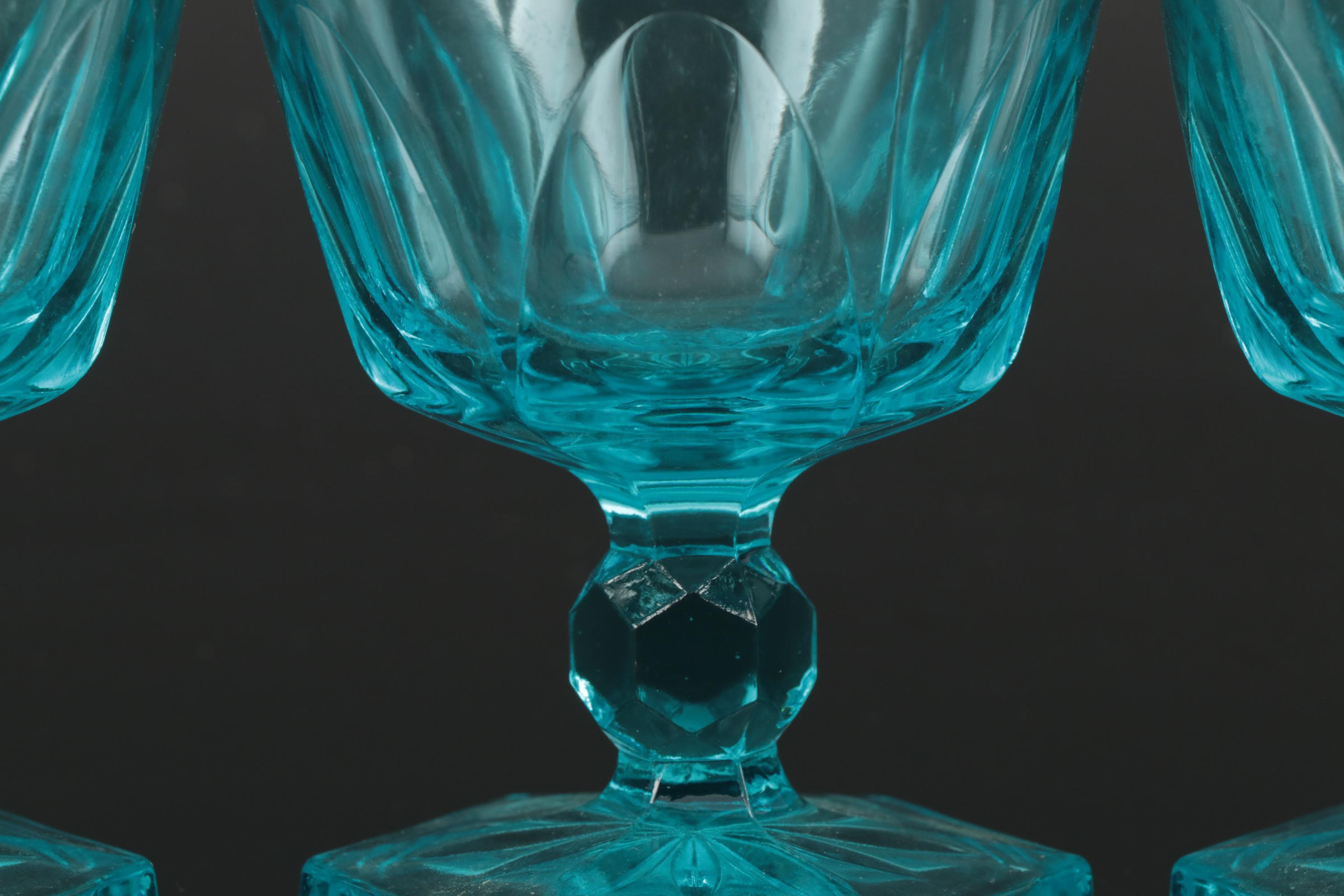 Fostoria "Virginia" Light Blue Pressed Glass Drinkware and Lidded Bowl