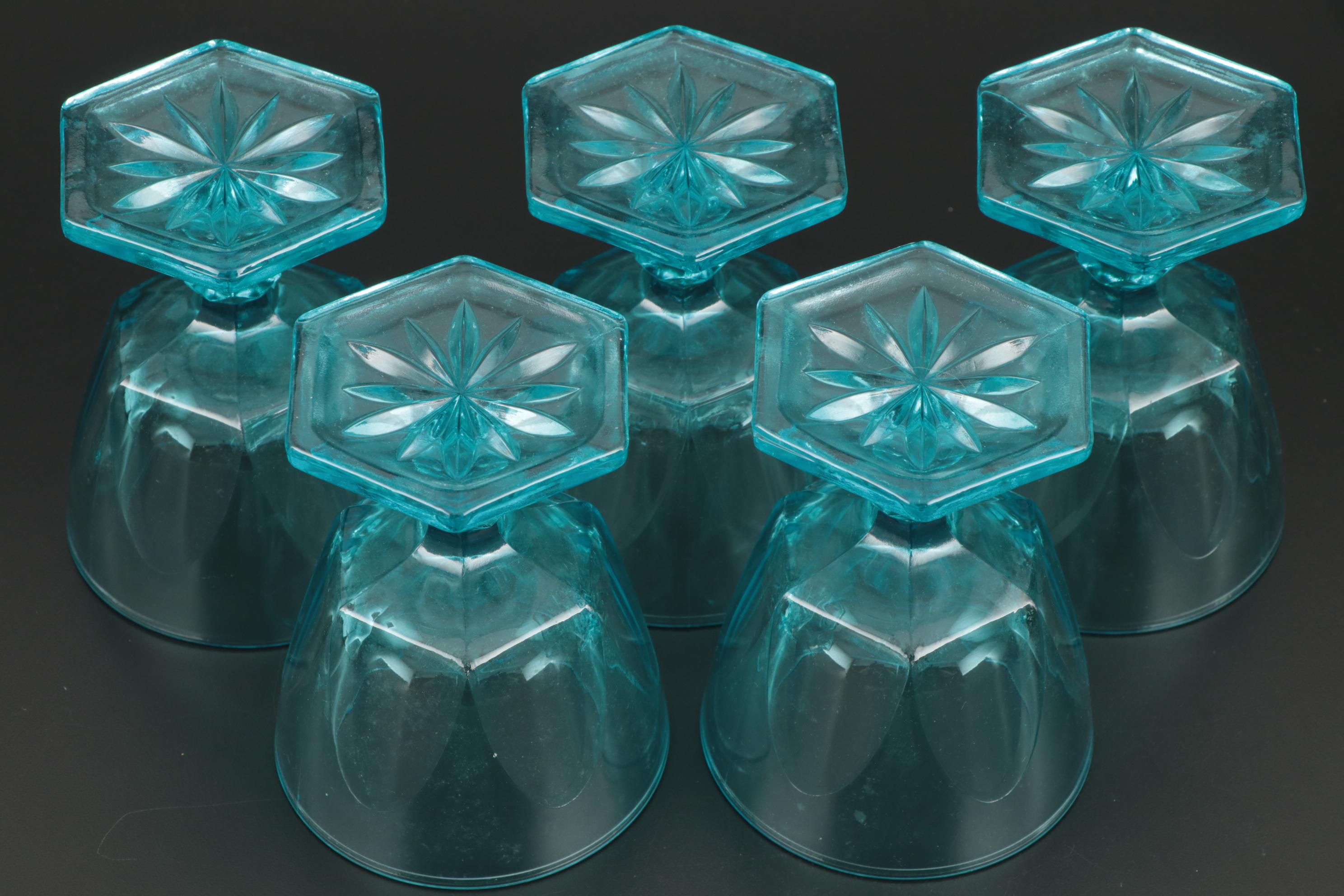 Fostoria "Virginia" Light Blue Pressed Glass Drinkware and Lidded Bowl