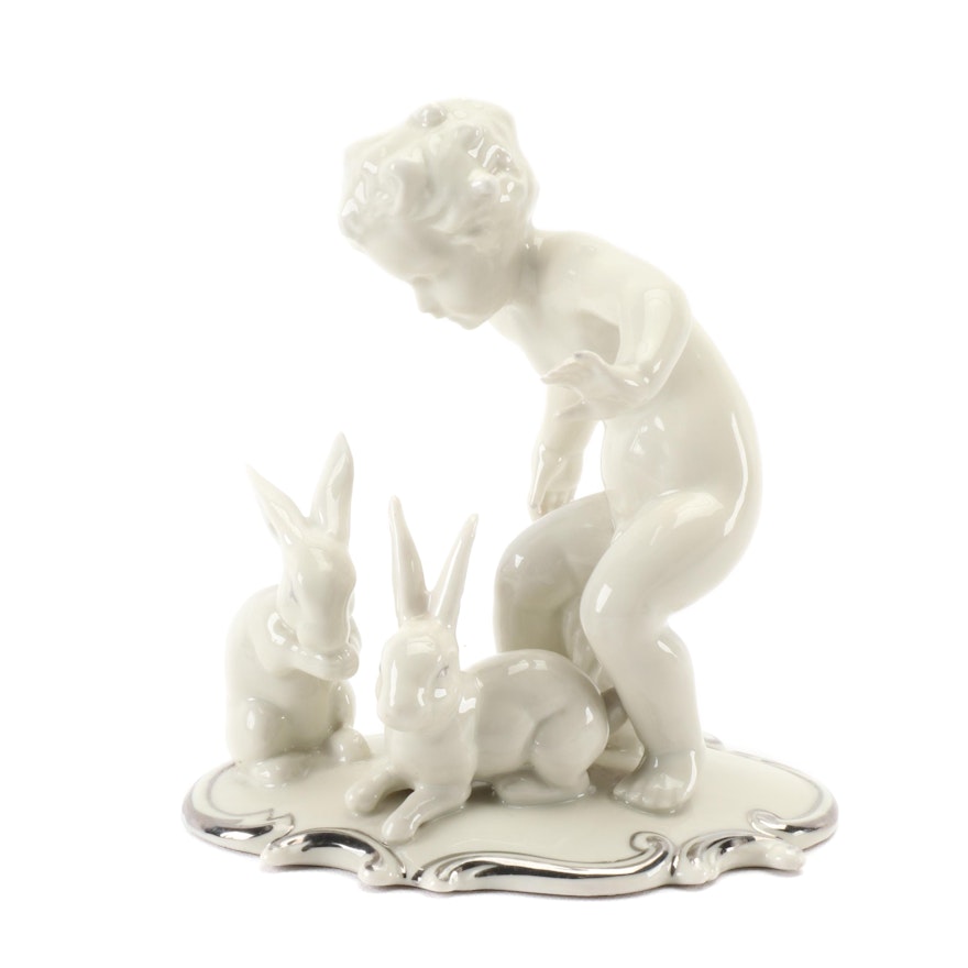 Schaubach Kunst "Boy with Rabbits" Porcelain Figurine, 1926–1953