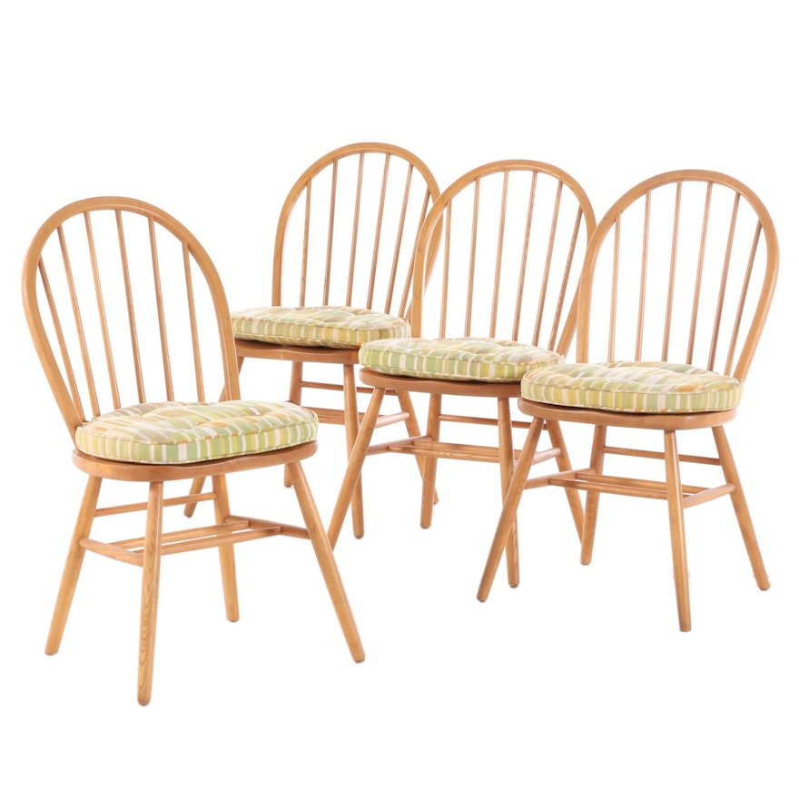 Windsor Style Spindle Back Blonde Wood Dining Chairs with Fitted Seat Cushions