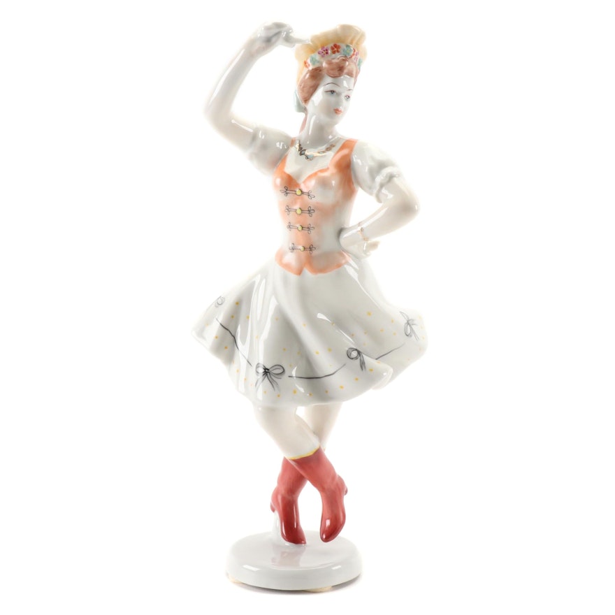 Hollóháza Hand-Painted Porcelain Folk Dancer Figurine, Late 20th Century