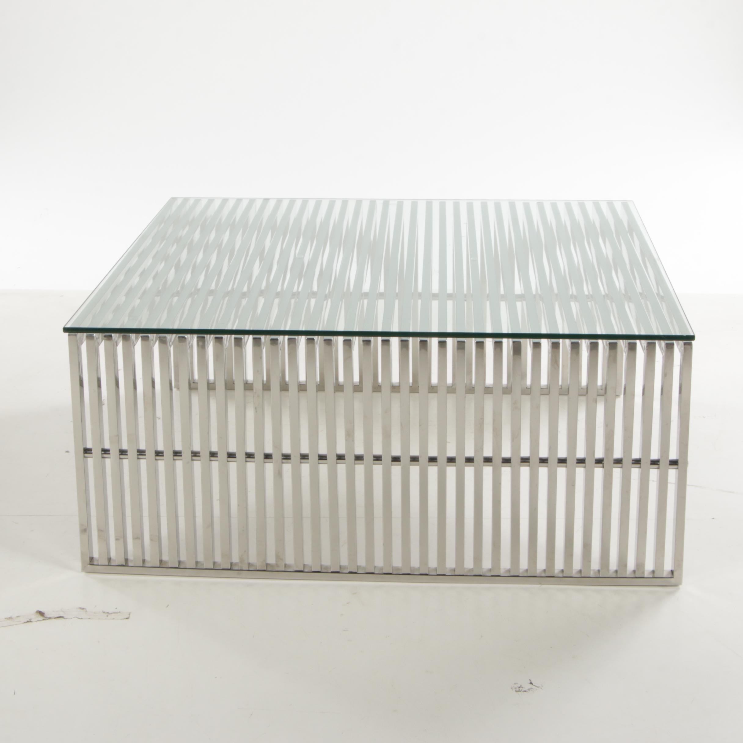 Modernist Chrome and Glass Top Grid Coffee Table