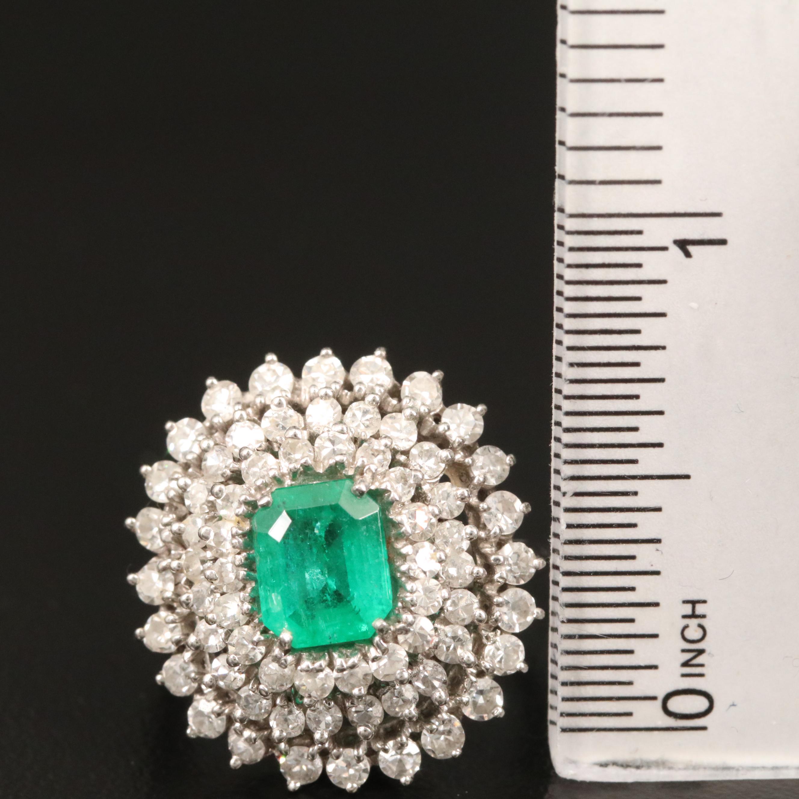 Vintage Platinum 1.09 CT Emerald and 2.00 CTW Diamond Triple Halo Ring