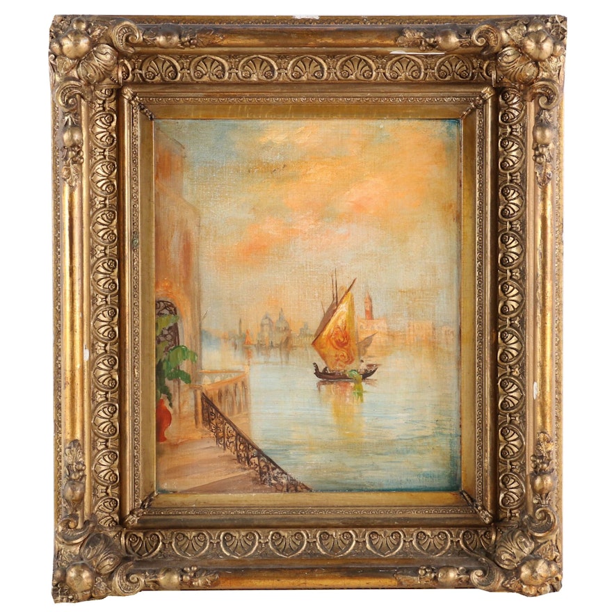 Mediterranean Channel with Sailboat Oil Painting, Early to Mid 20th Century