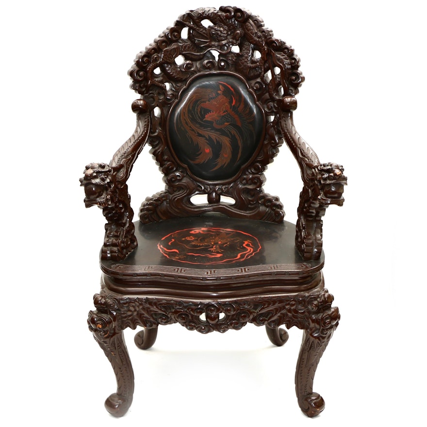 Chinese Throne Chair with Dragon and Phoenix Motifs, 20th Century