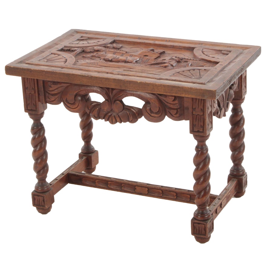 Mexican Influenced Hand-Carved Walnut Coffee Table, Mid-20th Century