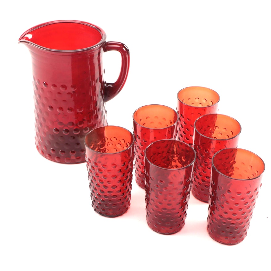 Anchor Hocking Ruby Hobnail Glass Pitcher and Tumblers, Mid to Late 20th C.