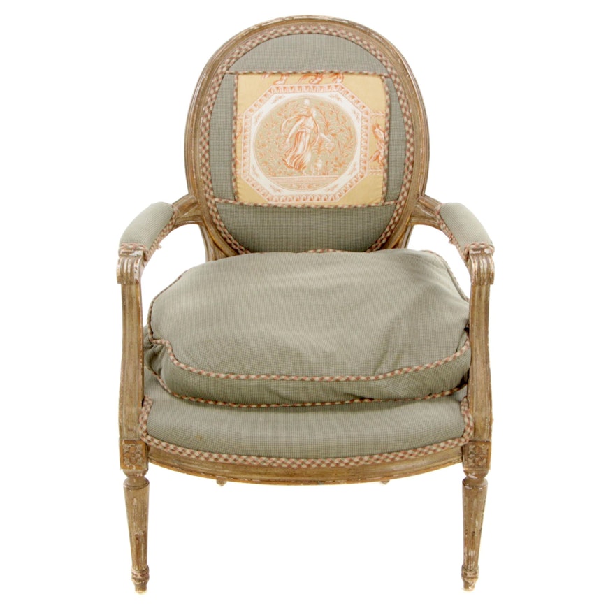 Louis XVI Style Fauteil Painted Chair with Toile Panel, Late 20th Century