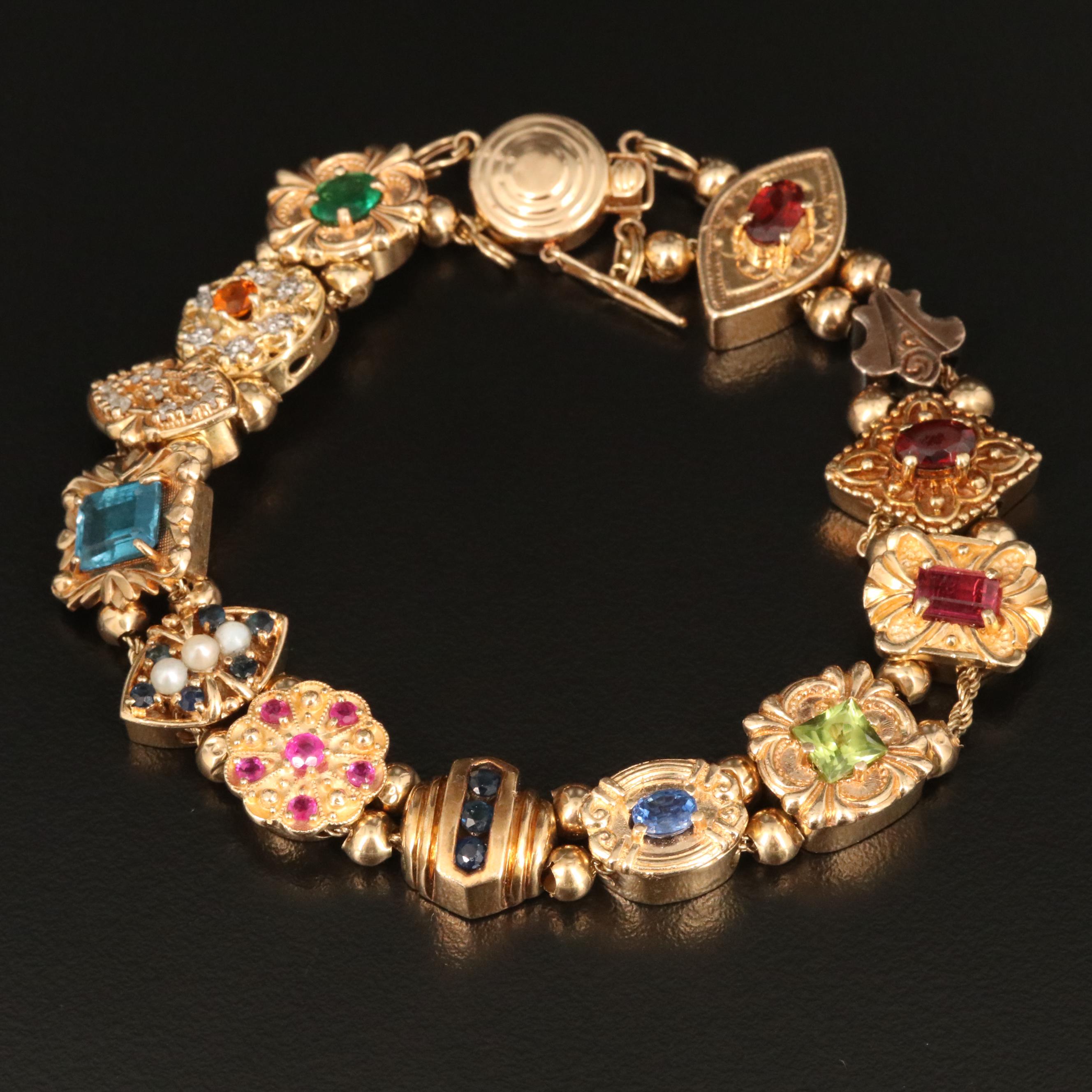 Vintage 14K and 10K Gold Multi-Gemstone Slide Charm Bracelet