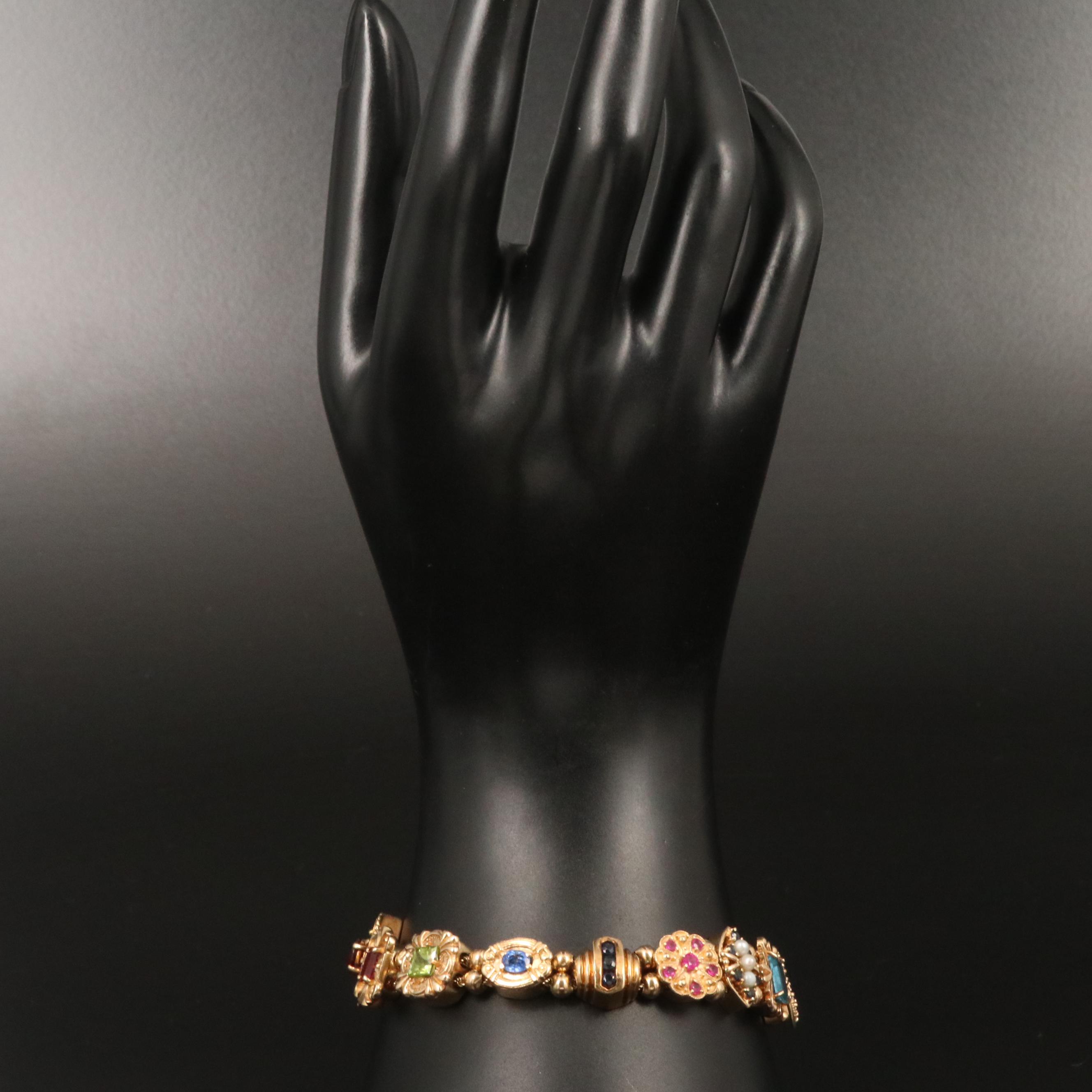 Vintage 14K and 10K Gold Multi-Gemstone Slide Charm Bracelet