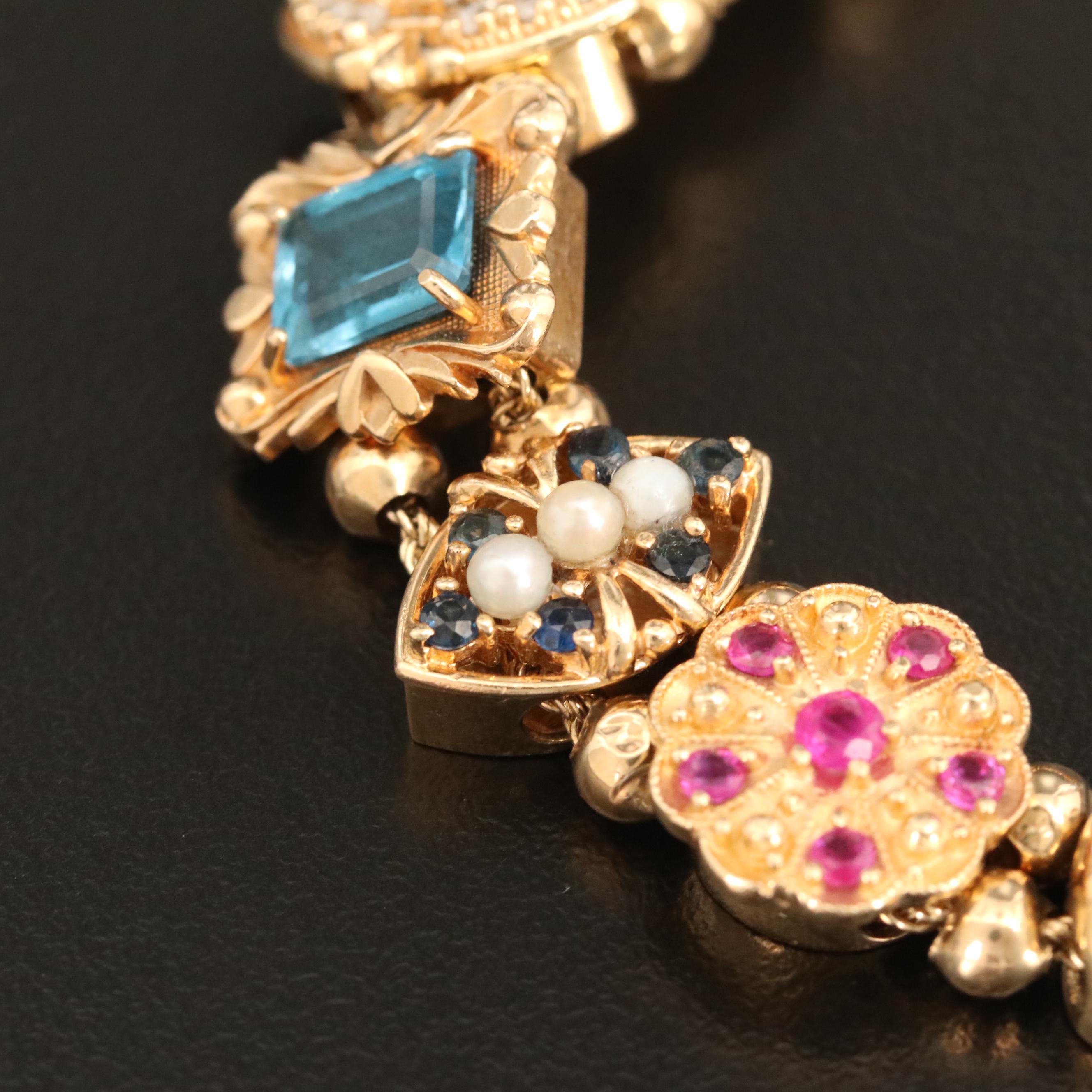 Vintage 14K and 10K Gold Multi-Gemstone Slide Charm Bracelet