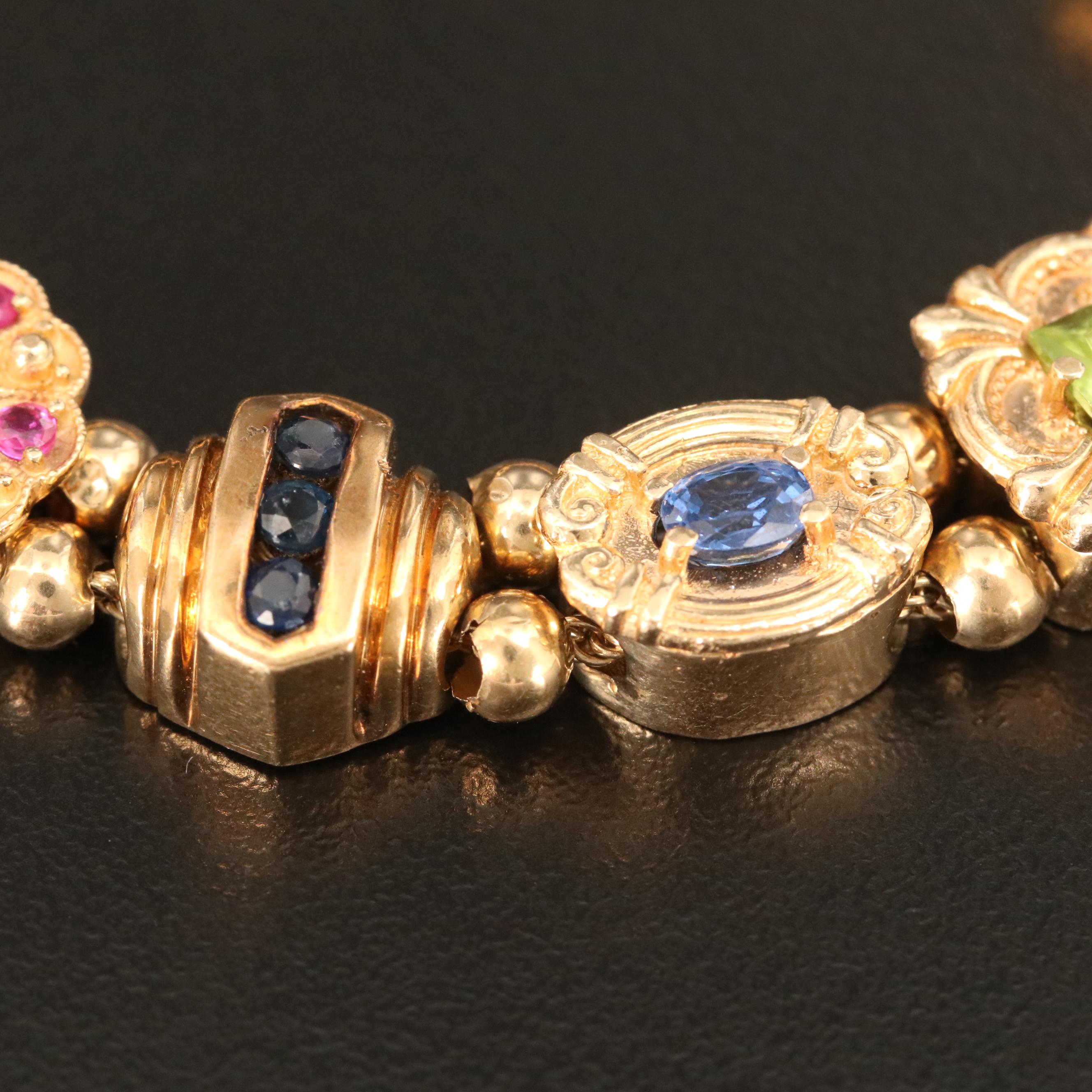 Vintage 14K and 10K Gold Multi-Gemstone Slide Charm Bracelet