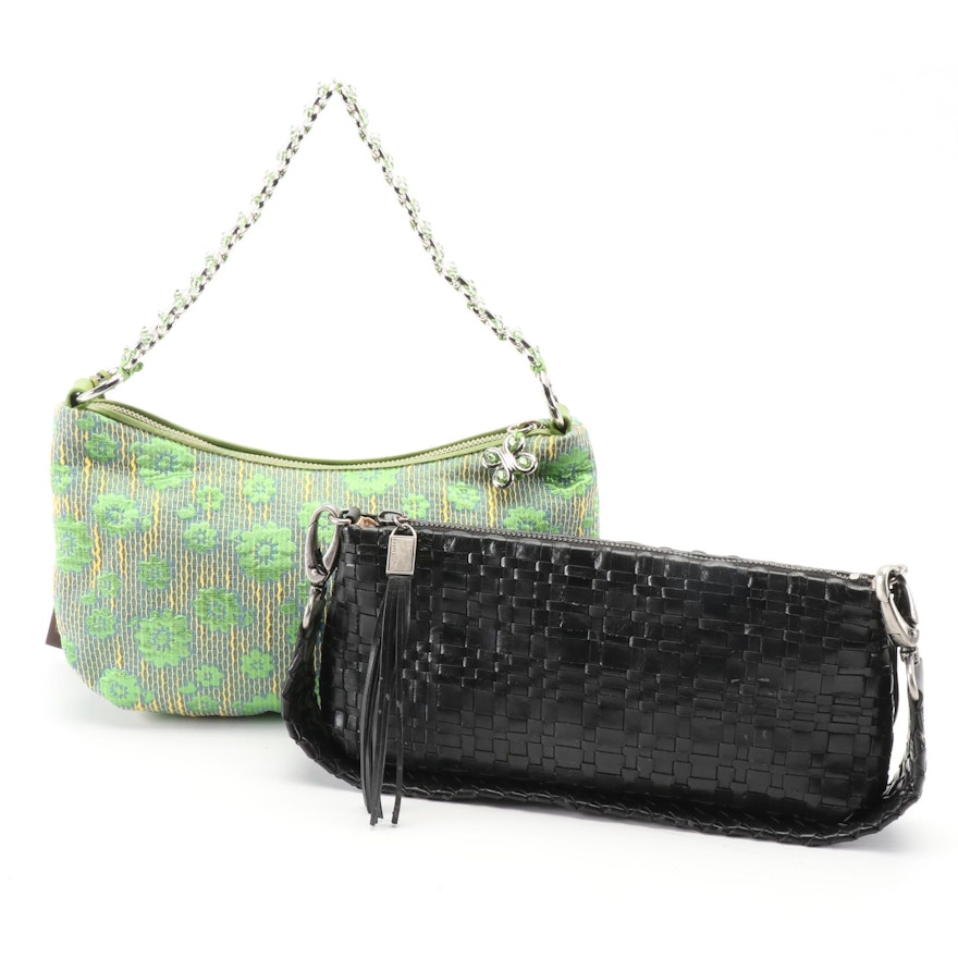 Elliott Lucca Woven Black Leather Clutch and Green Floral Fabric Shoulder Bag