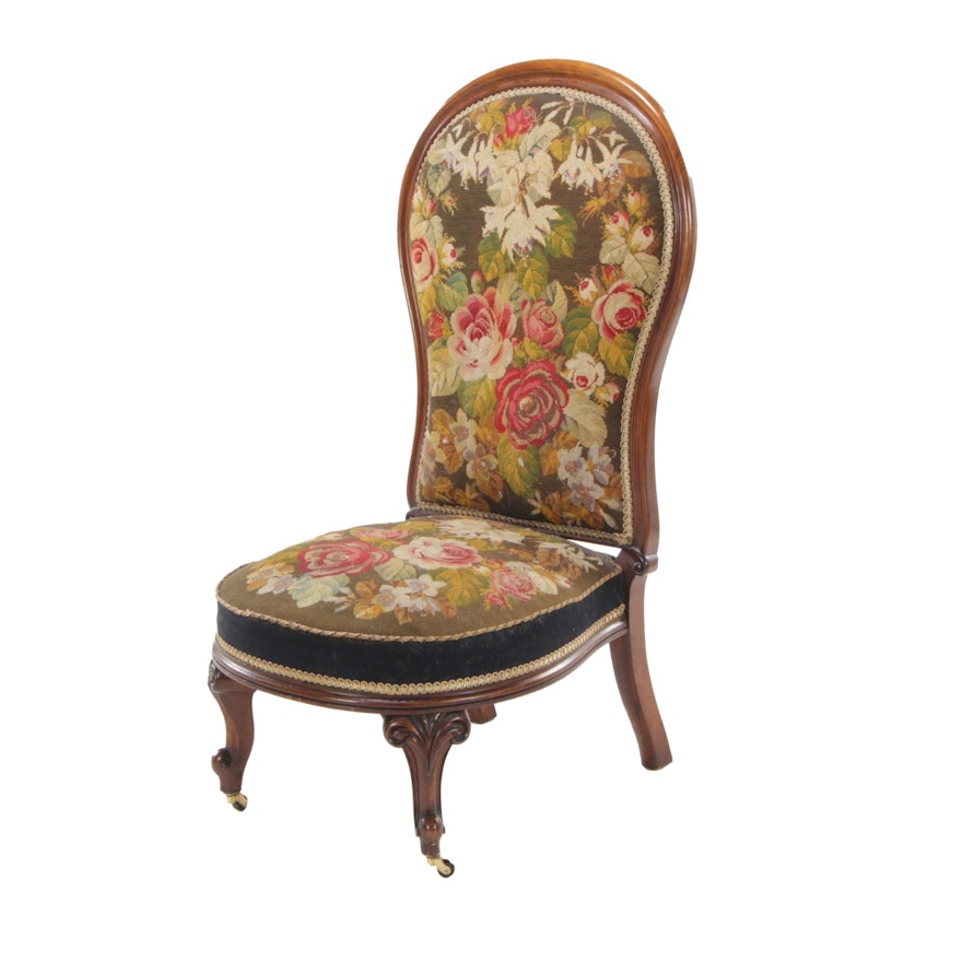English Early Victorian Walnut Slipper Chair with Needlepoint Upholstery