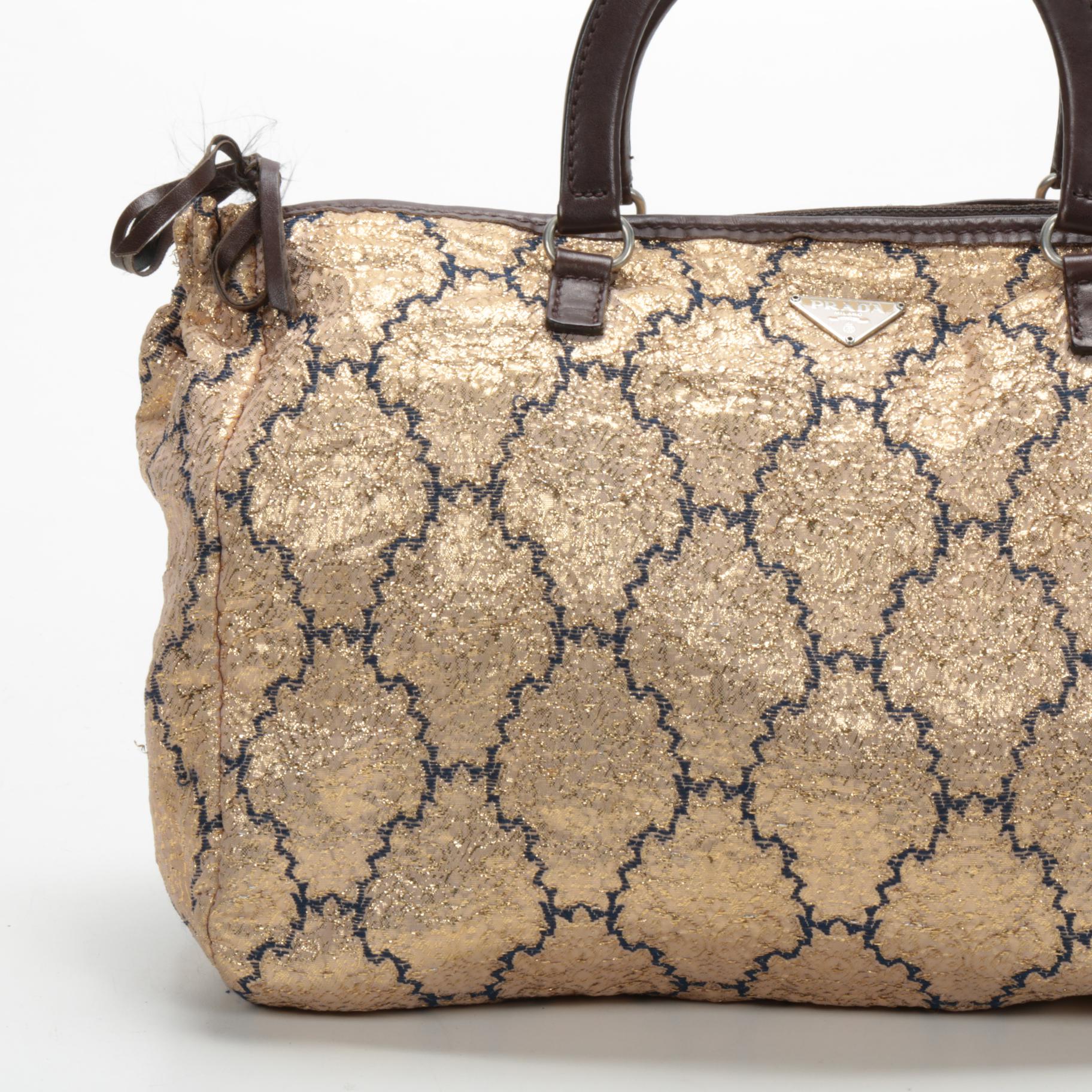 Prada Gold Brocade and Brown Leather Top Handle Bag