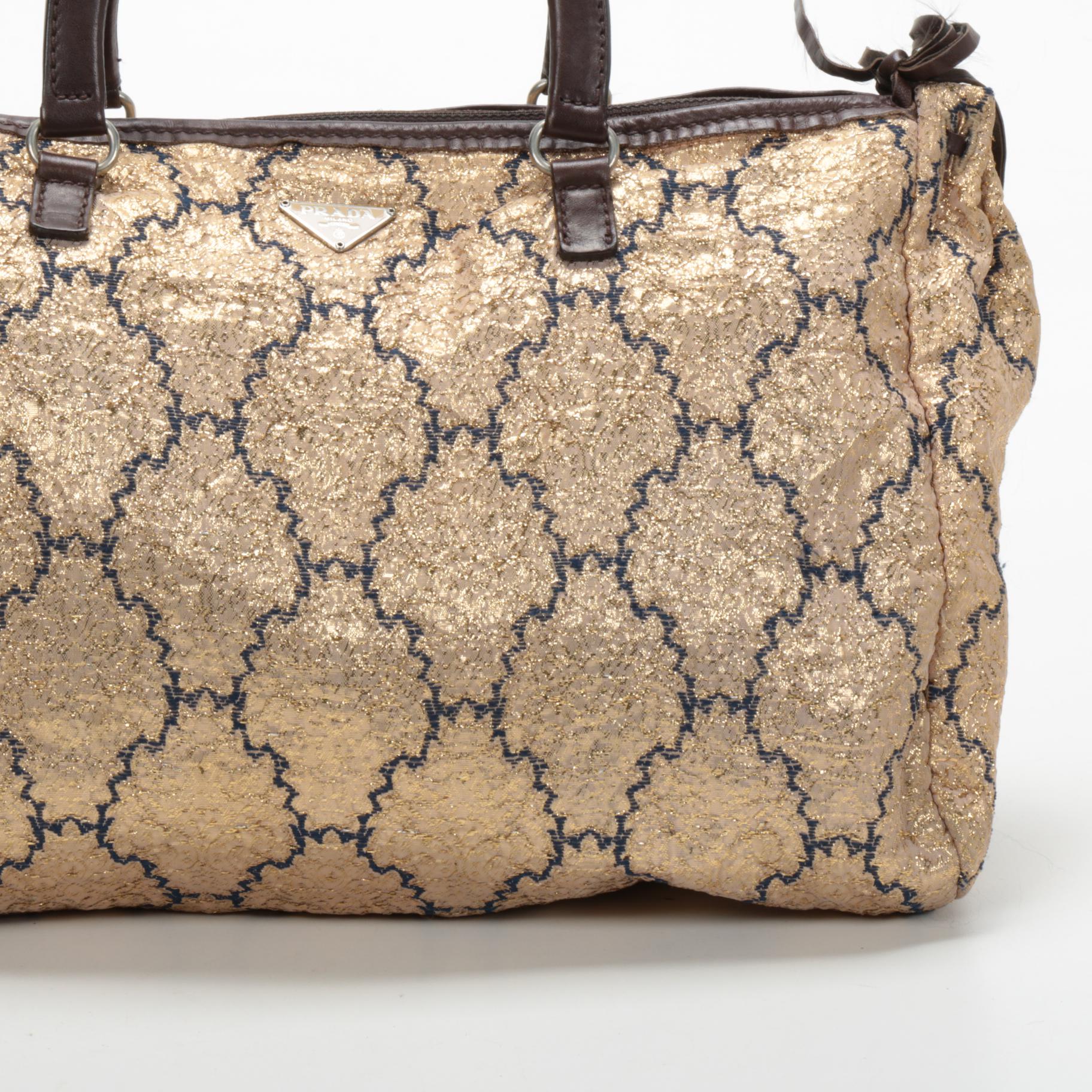 Prada Gold Brocade and Brown Leather Top Handle Bag