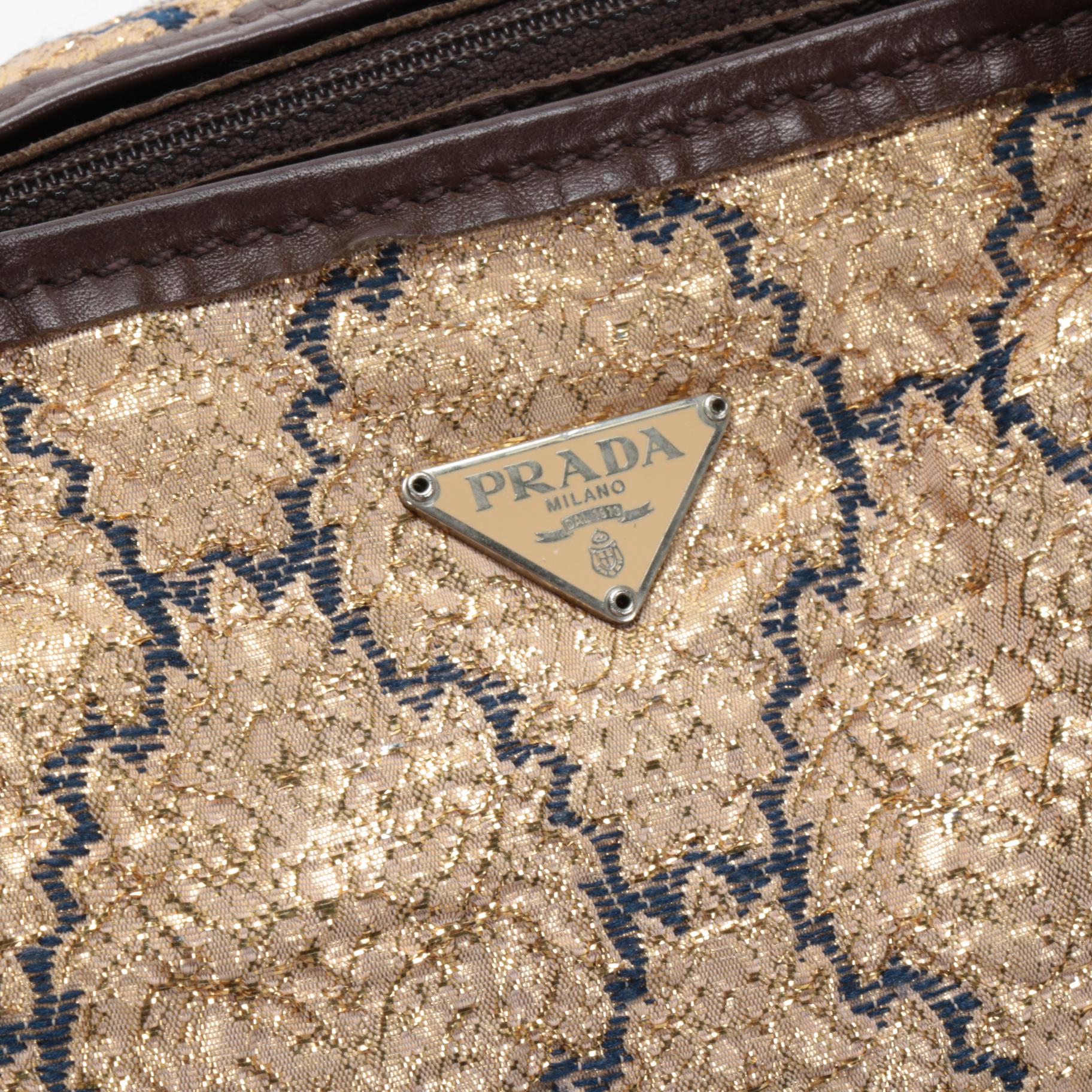 Prada Gold Brocade and Brown Leather Top Handle Bag