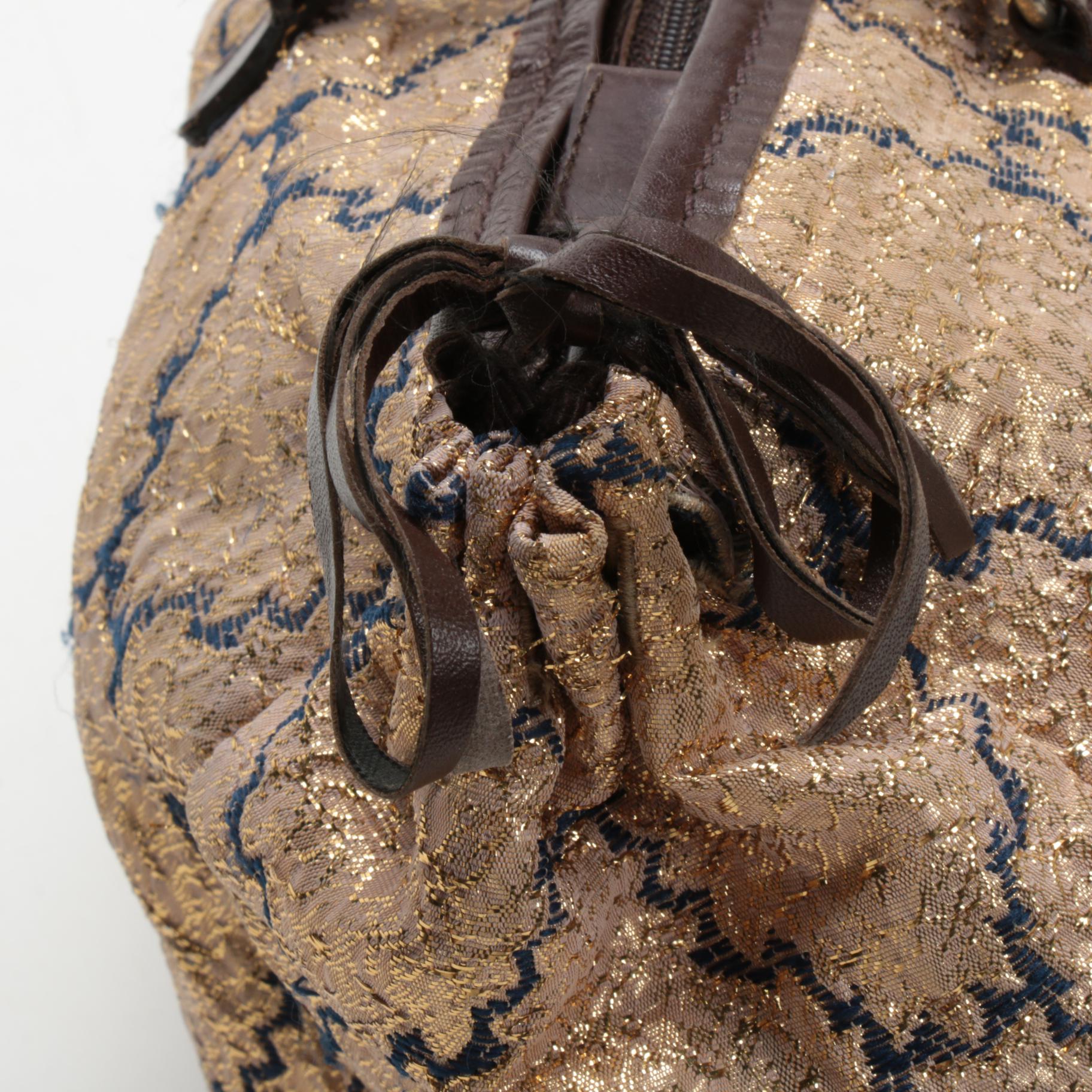 Prada Gold Brocade and Brown Leather Top Handle Bag