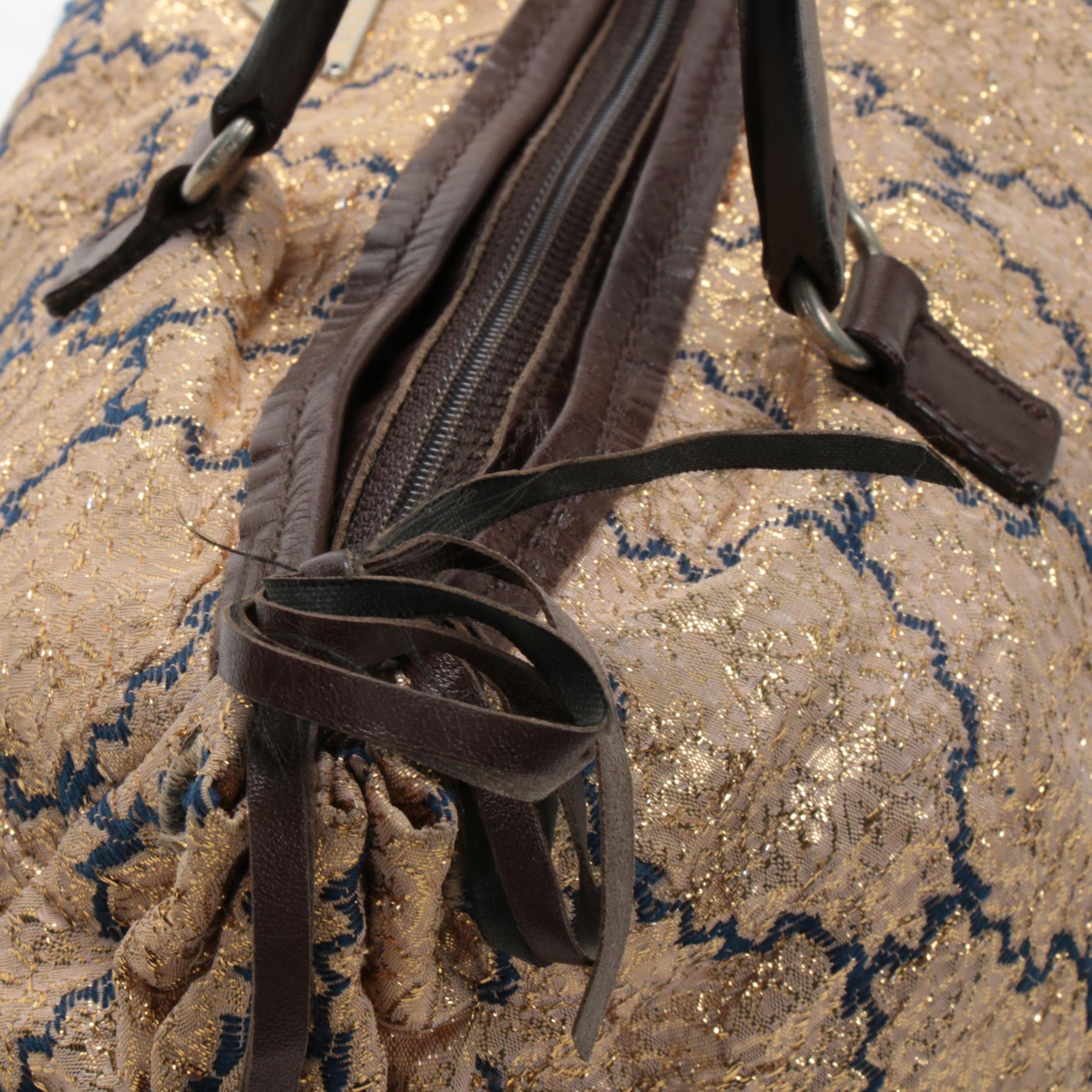 Prada Gold Brocade and Brown Leather Top Handle Bag