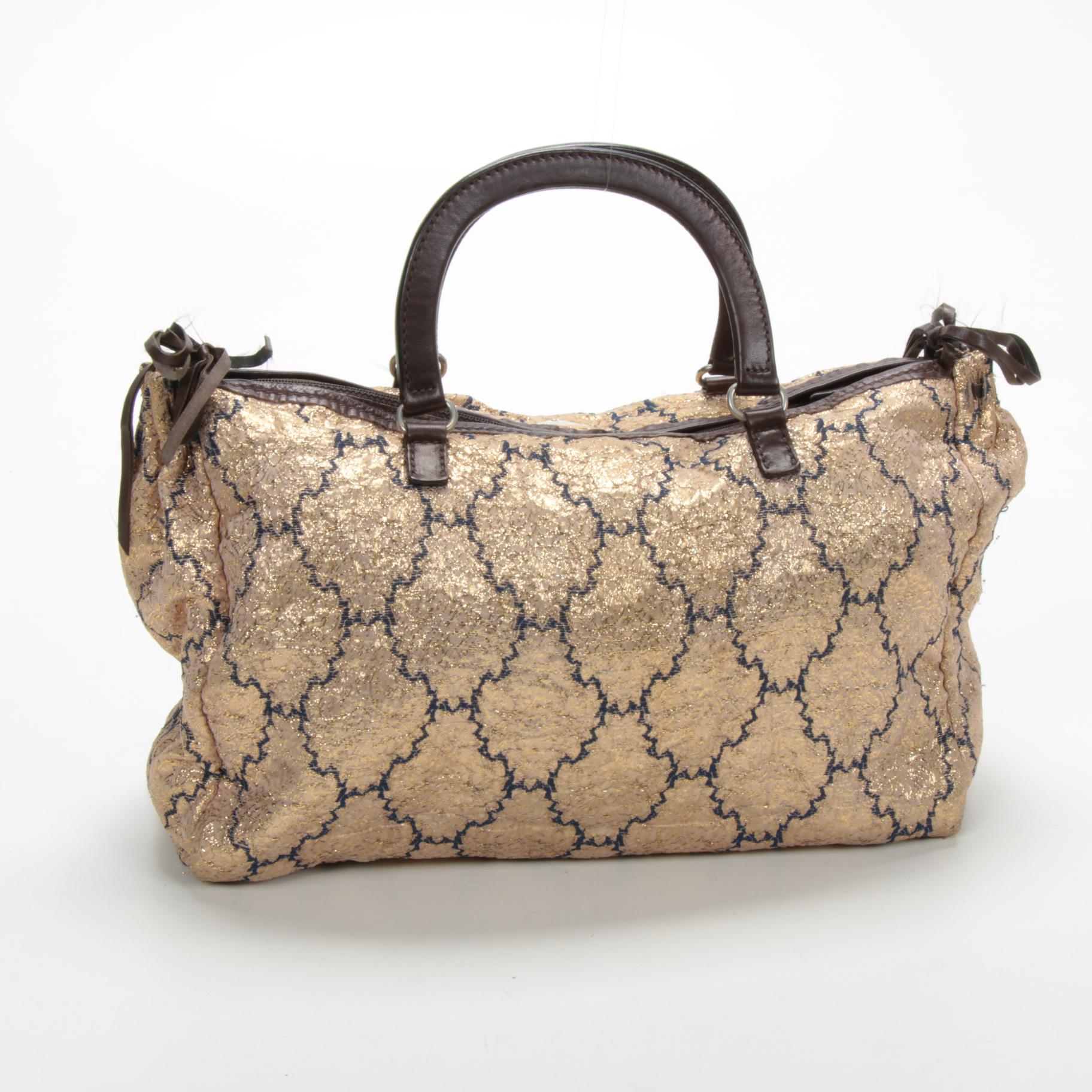 Prada Gold Brocade and Brown Leather Top Handle Bag