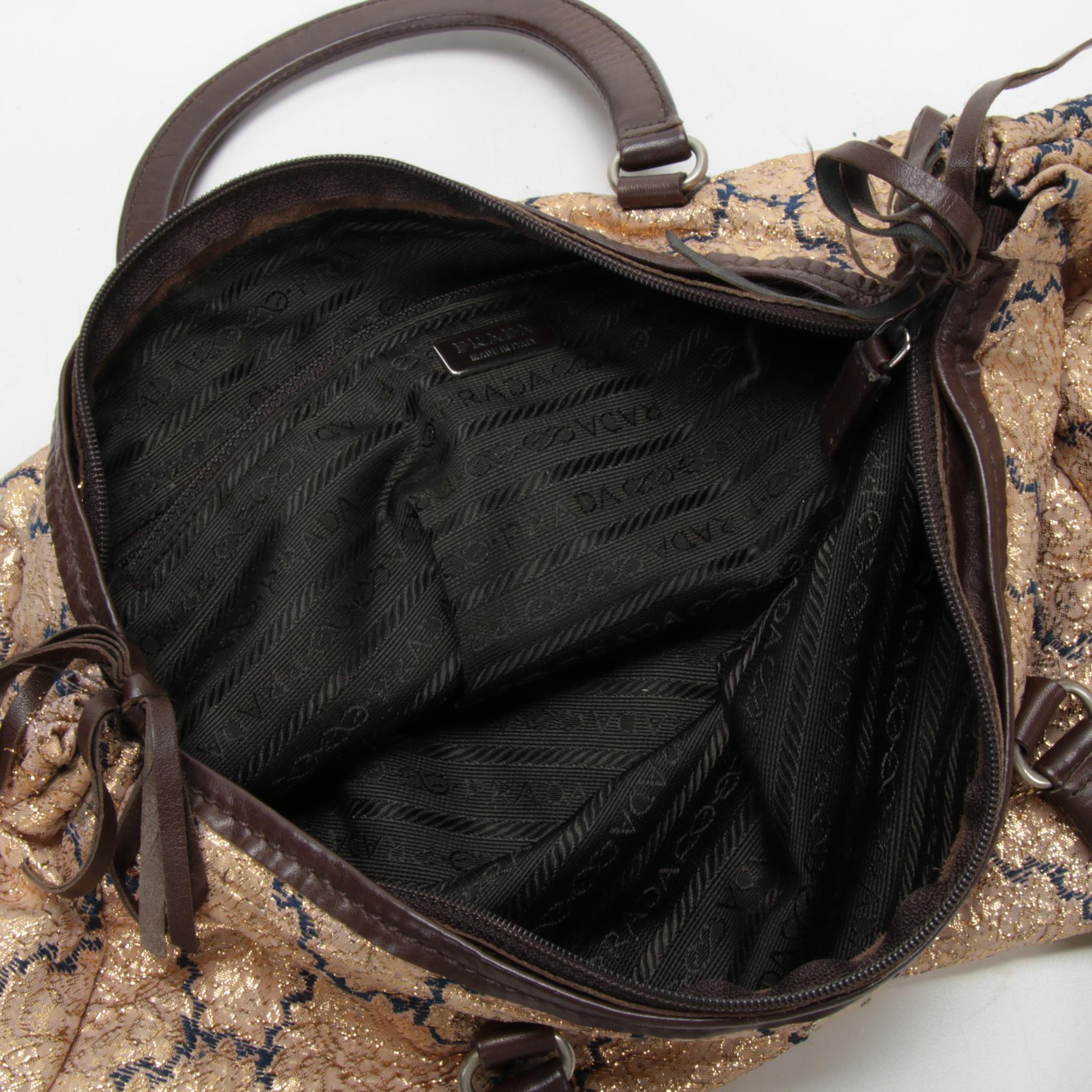 Prada Gold Brocade and Brown Leather Top Handle Bag