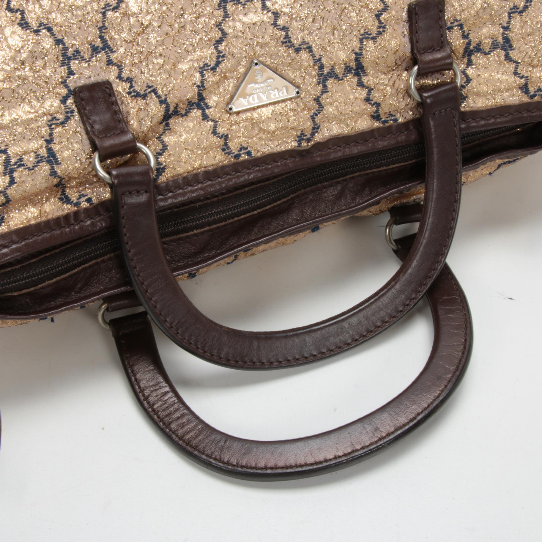 Prada Gold Brocade and Brown Leather Top Handle Bag
