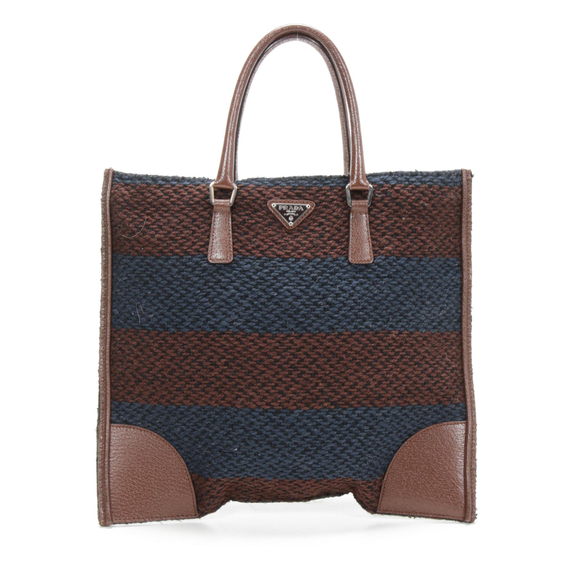 Prada Stripe Woven Wool and Brown Leather Flat Tote